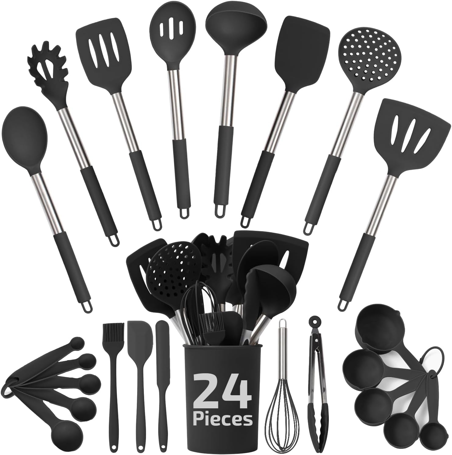Silicone Kitchen Utensils Set - Culinary Couture 6-Pieces Black Silicone Cooking Utensils Set for Nonstick Cookware - Stainless Steel Handle