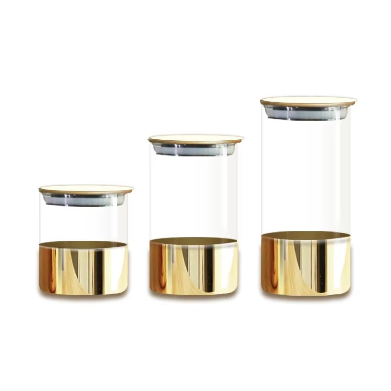 Golden Glass Sealed Can Coffee Bean Storage Container Snack Dried Fruit Storage Tank Metal Cover Home Kitchen Storage Ornaments