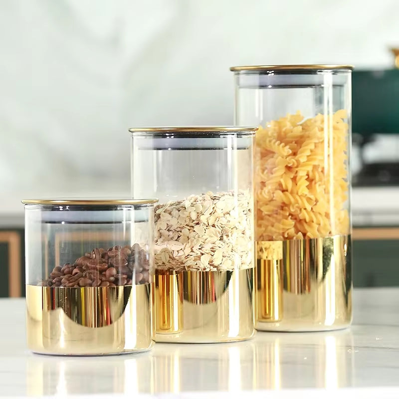 Golden Glass Sealed Can Coffee Bean Storage Container Snack Dried Fruit Storage Tank Metal Cover Home Kitchen Storage Ornaments