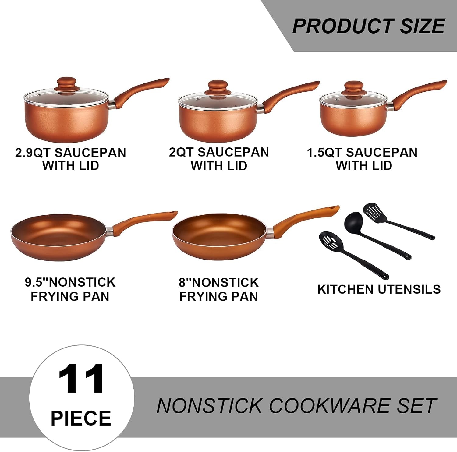 11Pcs Cookware Set Ceramic Nonstick Soup Pot/Milk Pot/Frying Pans Set -Copper