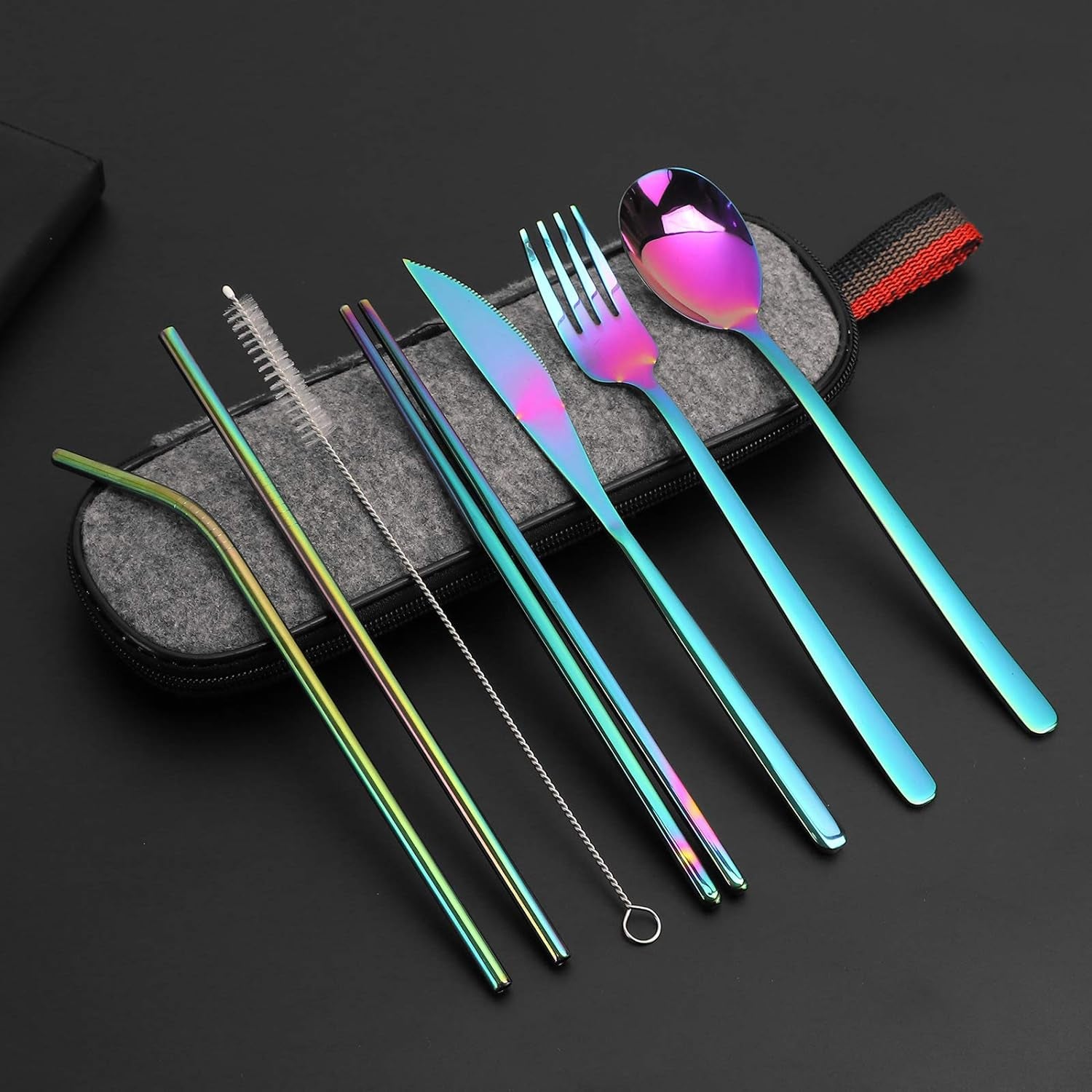 ZEF Flatware Set Stainless Steel, Travel Camping Cutlery Set, Portable Utensil Travel Silverware Dinnerware Set with a Waterproof Case （8Pcs） (Rainbow)