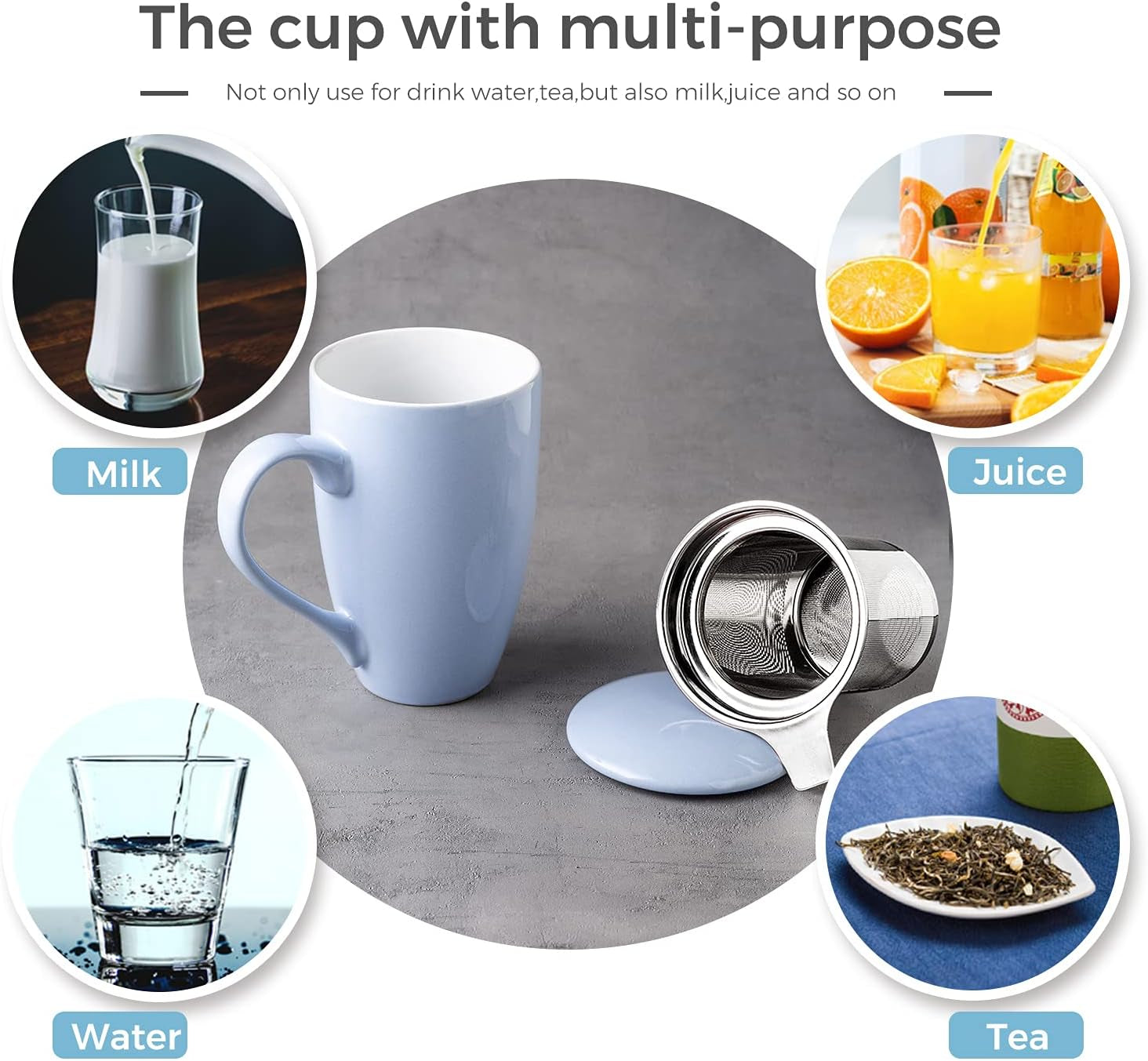 Amorarc Ceramic Tea Mug,17Oz Tea Cup with Infuser and Lid, Tea Strainer Cups with Tea Bag Holder for Loose Leaf Tea, Tea Steeping Mug for Tea/Coffee/Milk with Well-Wrapped Box for Gifts-Light BLUE