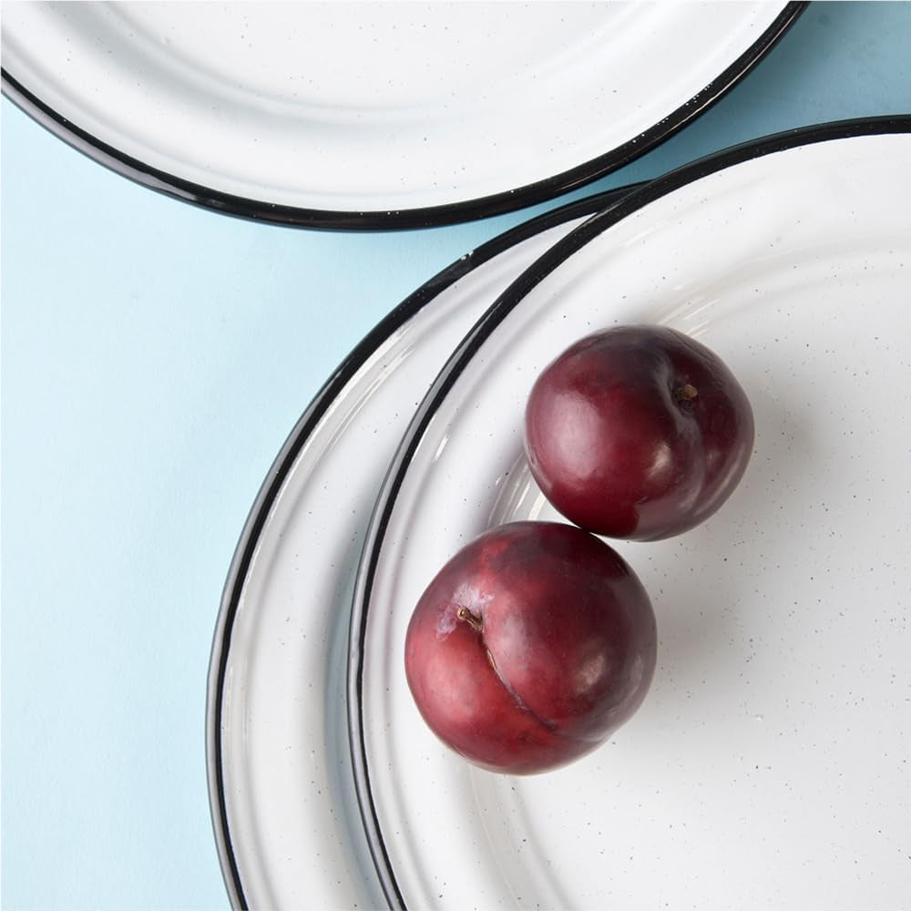 Cinsa 10-Inch Enameled Steel Dinner Plate Set, Indoor/Outdoor Use - Set of 6 Fire & Oven Safe Everyday Dinnerware, Lightweight & Ideal for Camping, Kitchen - Dishwasher Safe (Speckled White)