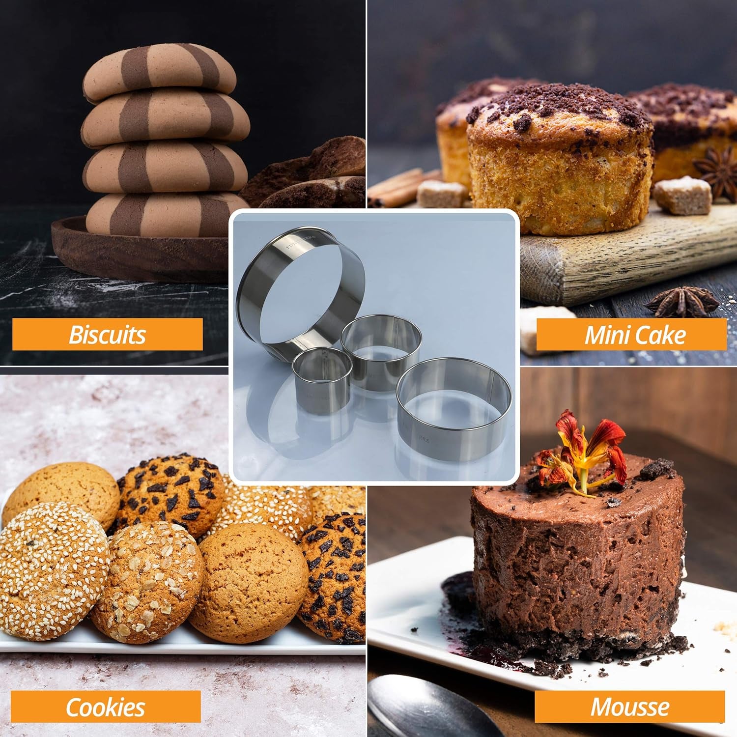 Cookie Cutter Set, 4 Pc. Kit, Measuring 2'', 3'', 4'' and 5'', round Metal Baking Rings for Pastry, Biscuits, and Dough Cutting, Heavy Duty and Reusable, Multiple Sizes