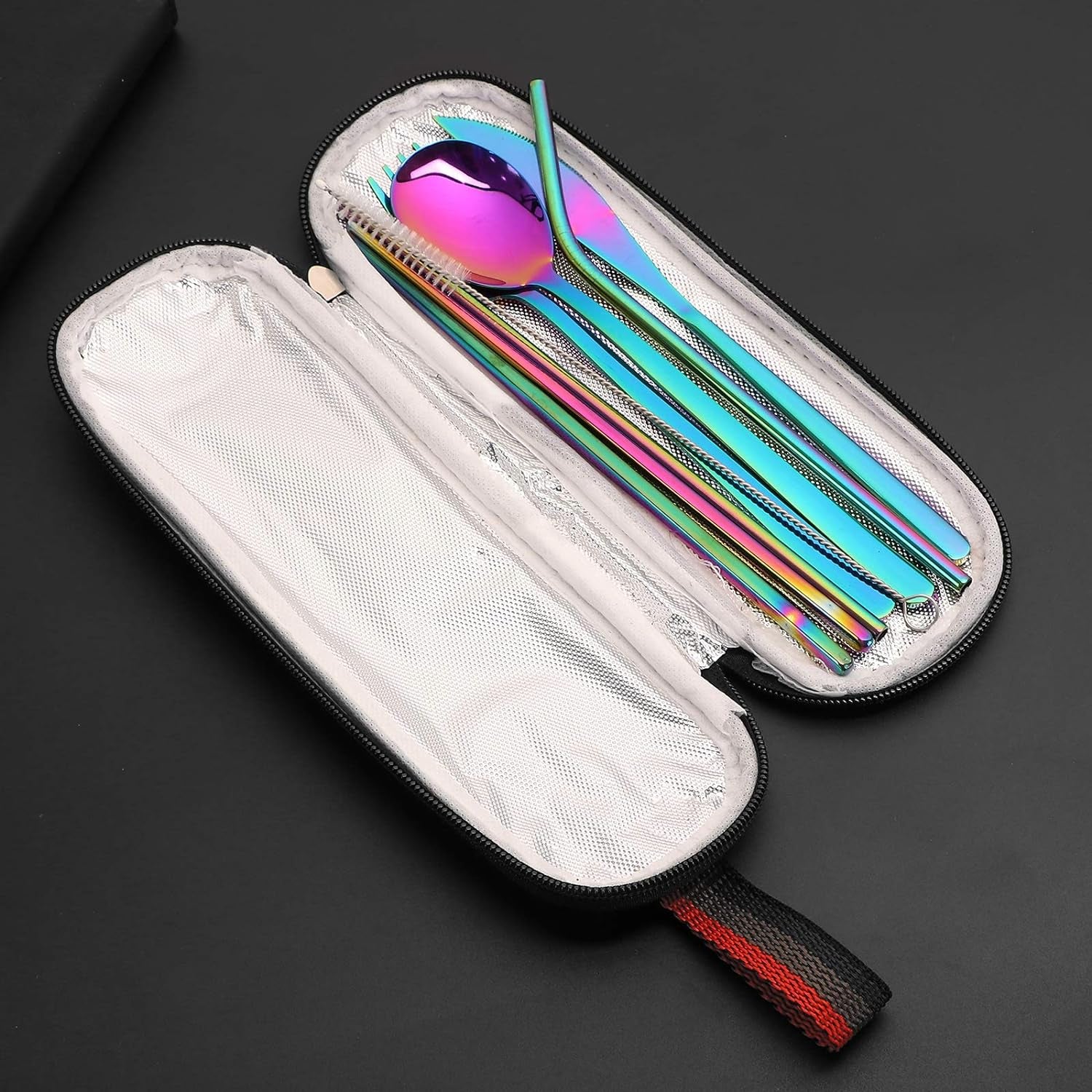 ZEF Flatware Set Stainless Steel, Travel Camping Cutlery Set, Portable Utensil Travel Silverware Dinnerware Set with a Waterproof Case （8Pcs） (Rainbow)