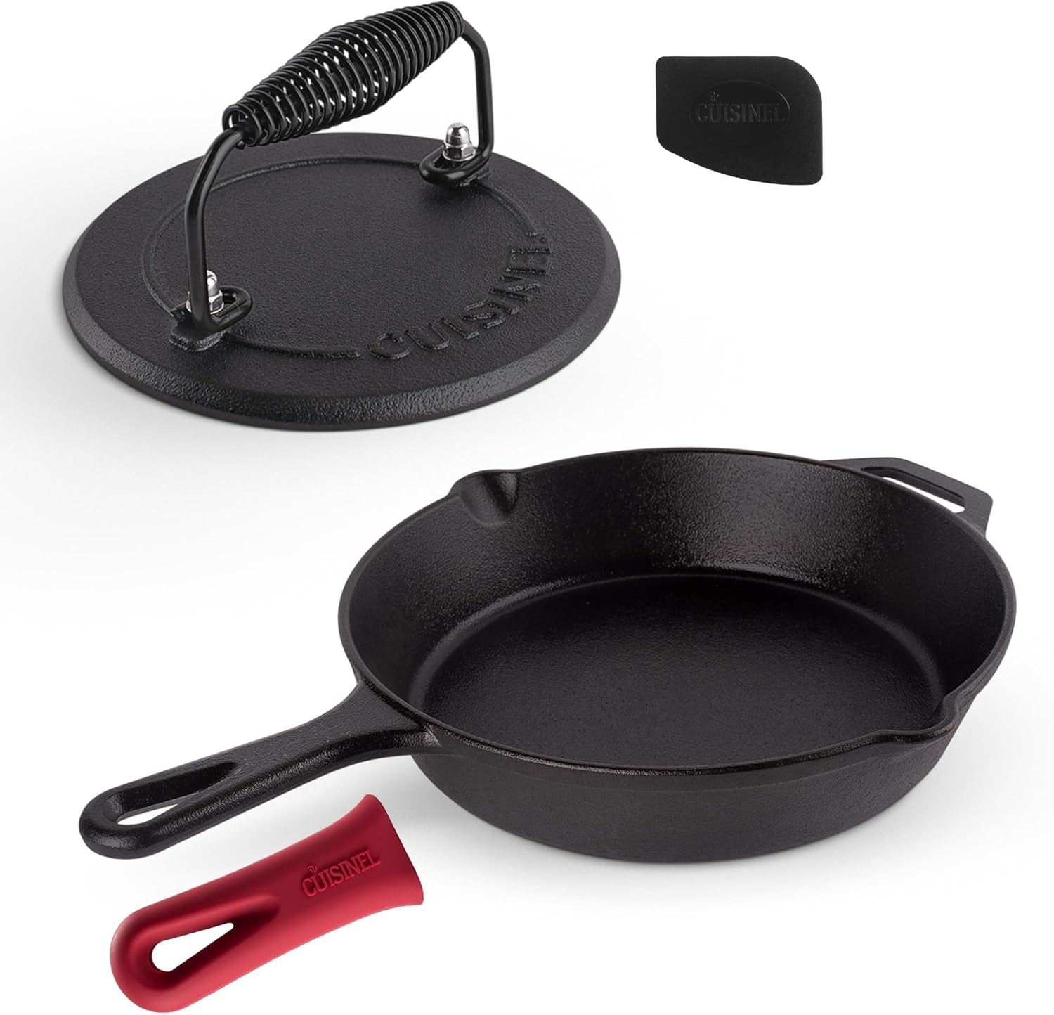 Cuisinel Cast Iron Skillet Set - 10" + 12" Frying Pan + Glass Lids + 2 Handle Cover Grips - Pre-Seasoned Oven Cookware - Indoor/Outdoor Use - Grill, Stovetop, Induction, BBQ, Camping, Fire Use