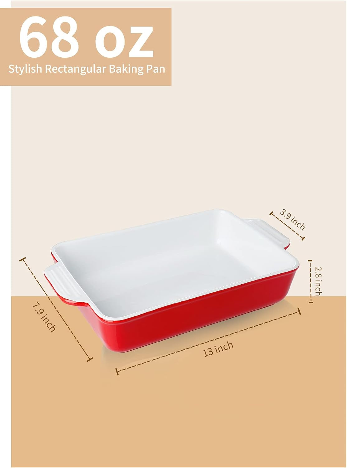 Ceramic Baking Dish, Large Rectangular Ceramic Baking Pan with Double Handles, Nonstick Casserole Dish for Cooking, Cake, Dinner and Banquet, 13''×7.9''×2.8''