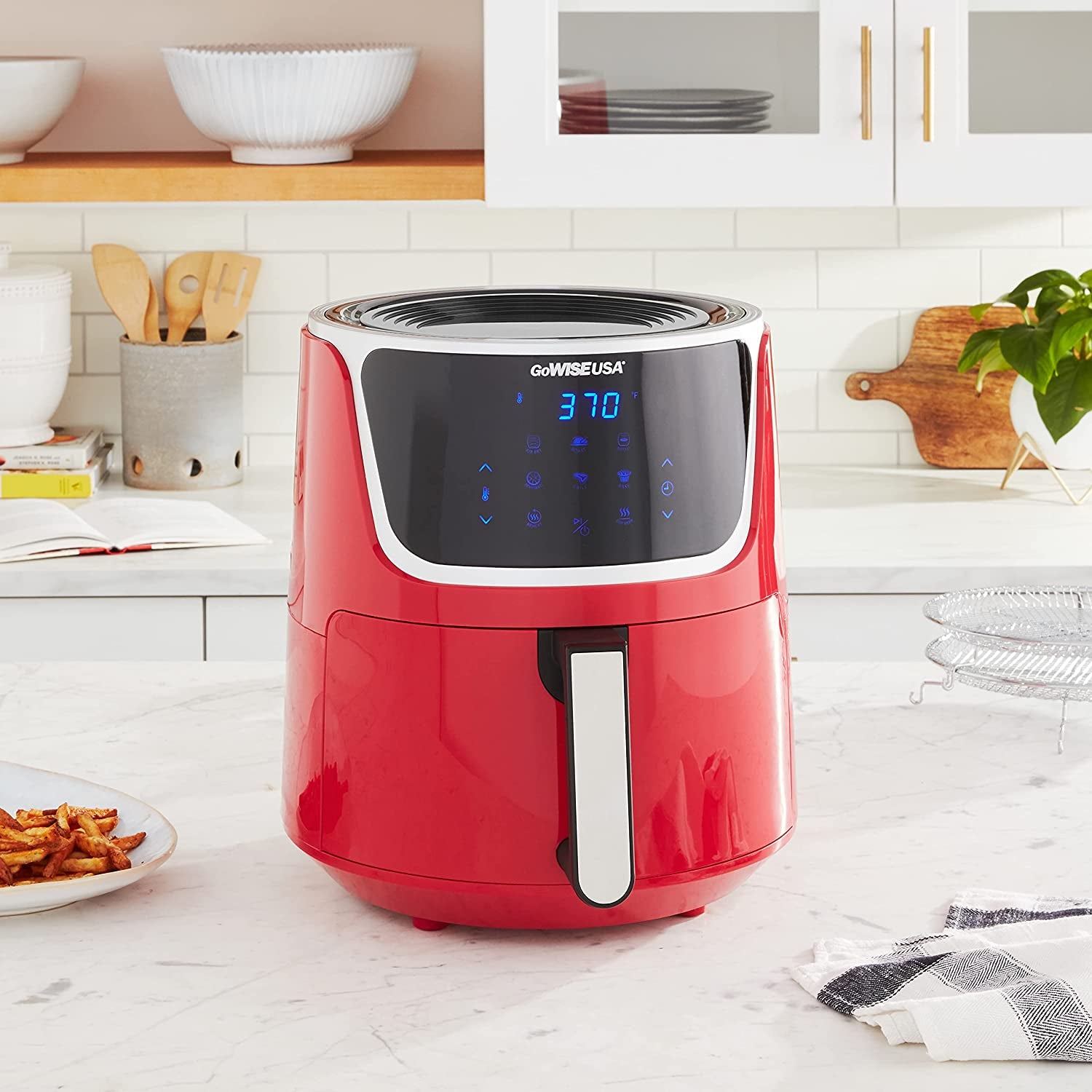 Gowise USA GW22957 7-Quart Electric Air Fryer with Dehydrator & 3 Stackable Racks, Digital Touchscreen with 8 Functions + Recipes, 7.0-Qt, Red/Silver