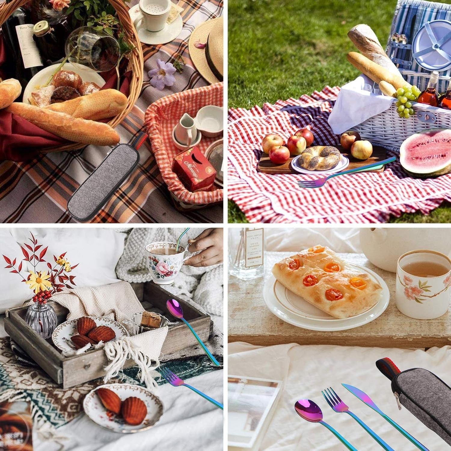 ZEF Flatware Set Stainless Steel, Travel Camping Cutlery Set, Portable Utensil Travel Silverware Dinnerware Set with a Waterproof Case （8Pcs） (Rainbow)