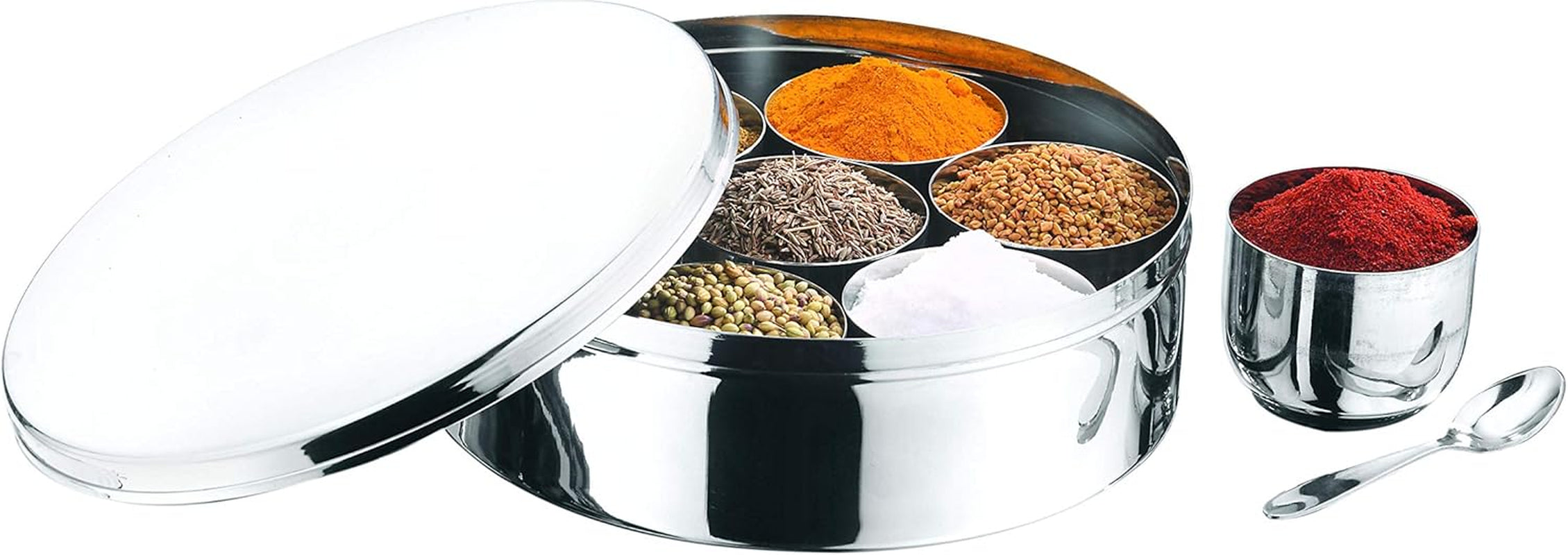 Vinod Stainless Steel Masala Dabba, Spice Box, 7 Compartments with Lid, 8 Inch Diameter