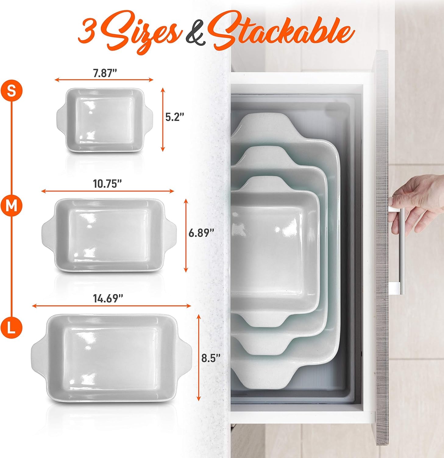 Nutrichef 3-Piece Nonstick Ceramic Bakeware Set - PFOA PFOS PTFE Free Baking Tray Set W/Odor-Free Ceramic Non-Stick Coating, 446°F Oven Safe Microwave/Dishwasher Safe Rectangular Baking Pan NCCREX3