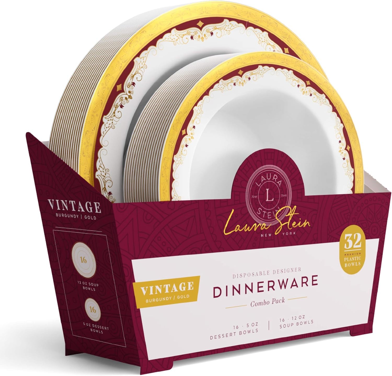 Laura Stein Designer Dinnerware Set | 32 Disposable Plastic Party Bowls | White Wedding Bowl with Burgundy Rim & Gold Accents | Set Includes 16 X 12 Oz Soup Bowls + 16 X 5 Oz Dessert Bowls | Vintage