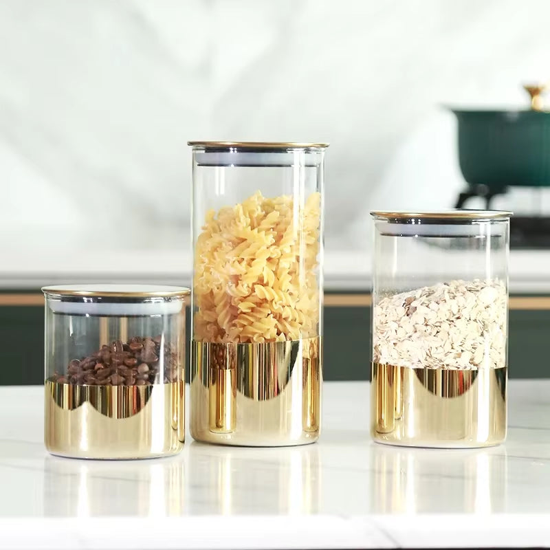 Golden Glass Sealed Can Coffee Bean Storage Container Snack Dried Fruit Storage Tank Metal Cover Home Kitchen Storage Ornaments