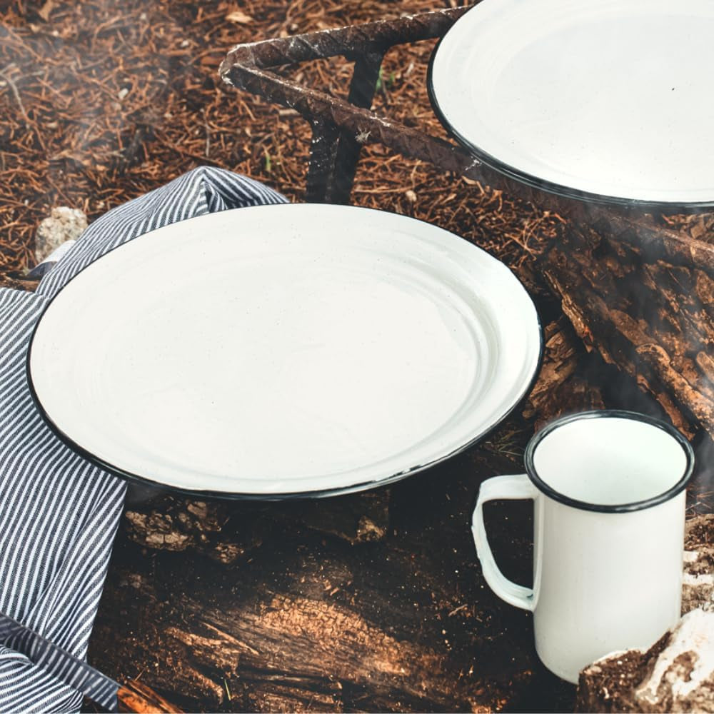 Cinsa 10-Inch Enameled Steel Dinner Plate Set, Indoor/Outdoor Use - Set of 6 Fire & Oven Safe Everyday Dinnerware, Lightweight & Ideal for Camping, Kitchen - Dishwasher Safe (Speckled White)