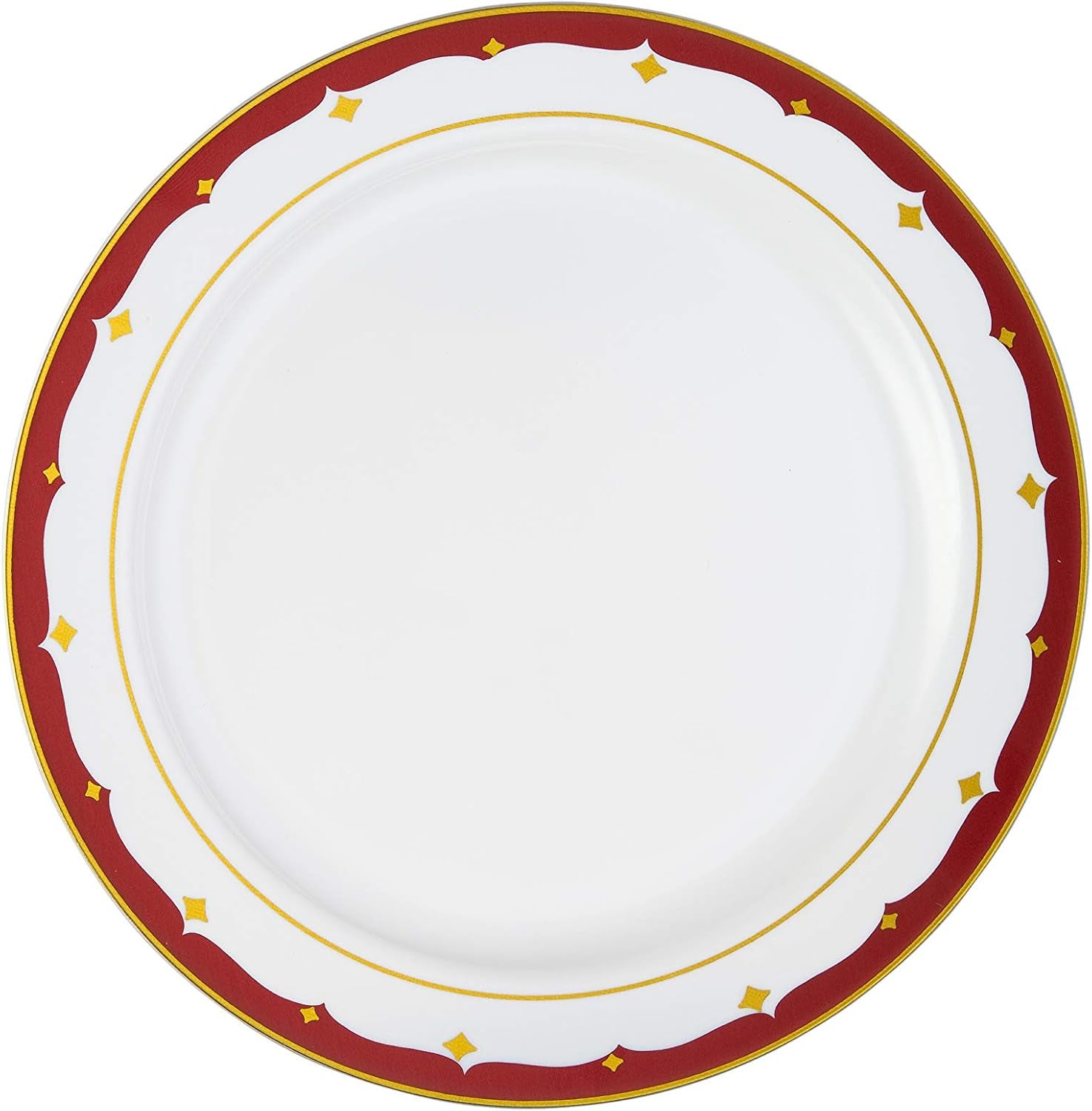 Laura Stein Designer Dinnerware Set | 32 Disposable Plastic Party Bowls | White Wedding Bowl with Burgundy Rim & Gold Accents | Set Includes 16 X 12 Oz Soup Bowls + 16 X 5 Oz Dessert Bowls | Vintage