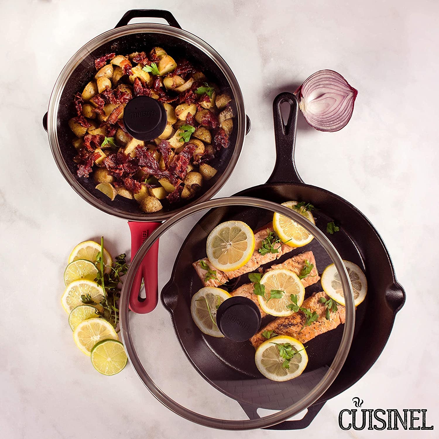 Cuisinel Cast Iron Skillet Set - 10" + 12" Frying Pan + Glass Lids + 2 Handle Cover Grips - Pre-Seasoned Oven Cookware - Indoor/Outdoor Use - Grill, Stovetop, Induction, BBQ, Camping, Fire Use