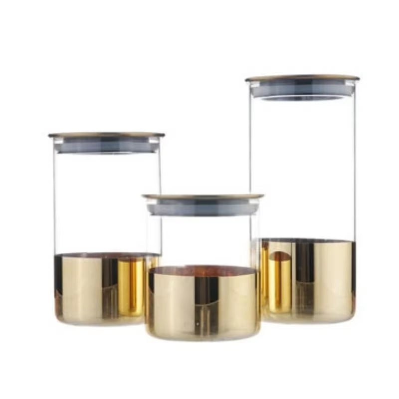 Golden Glass Sealed Can Coffee Bean Storage Container Snack Dried Fruit Storage Tank Metal Cover Home Kitchen Storage Ornaments