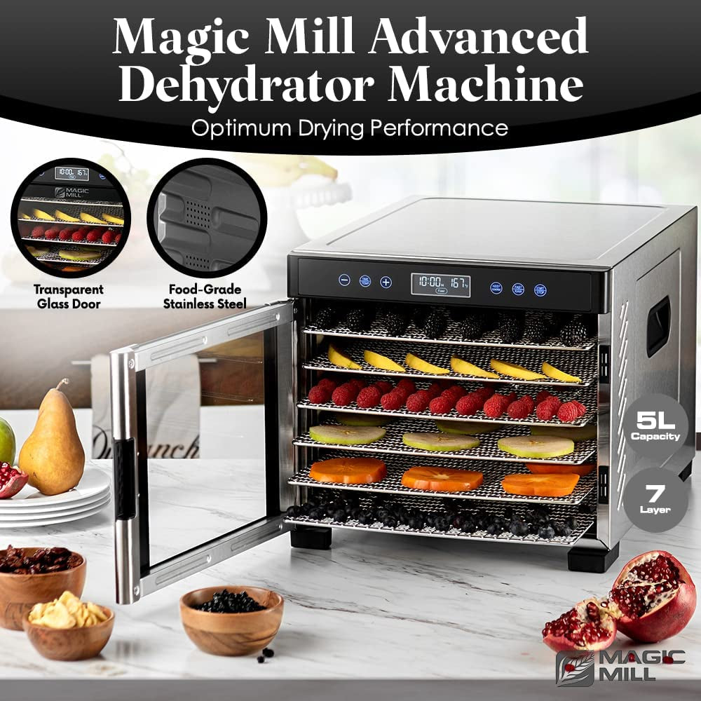 Magic Mill Pro Food Dehydrator Machine | 7 XL Stainless Steel Trays | Dryer for Jerky, Dog Treats, Herb, Meat, Beef, Fruit | Keep Warm Function, Digital Timer and Temperature Control, ETL Approved