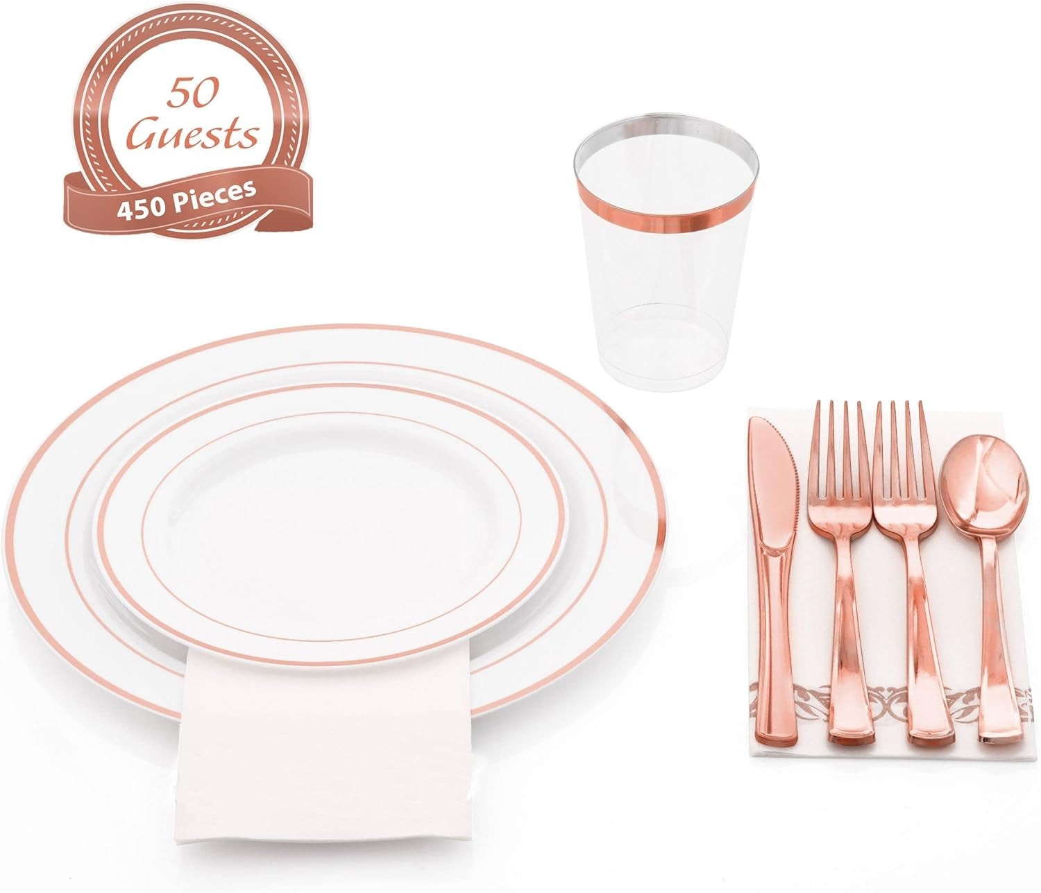 Bloomingoods Rose Gold Disposable Plates Set for 50 Guest - 450 Piece Rose Gold Plastic Dinnerware Set - 100 Rose Gold Rimmed Plastic Plates, 50 Rose Gold Rimmed Plastic Cups, 100 Paper Napkins,