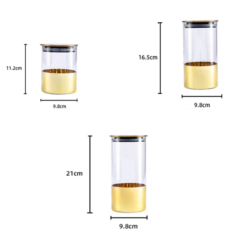 Golden Glass Sealed Can Coffee Bean Storage Container Snack Dried Fruit Storage Tank Metal Cover Home Kitchen Storage Ornaments