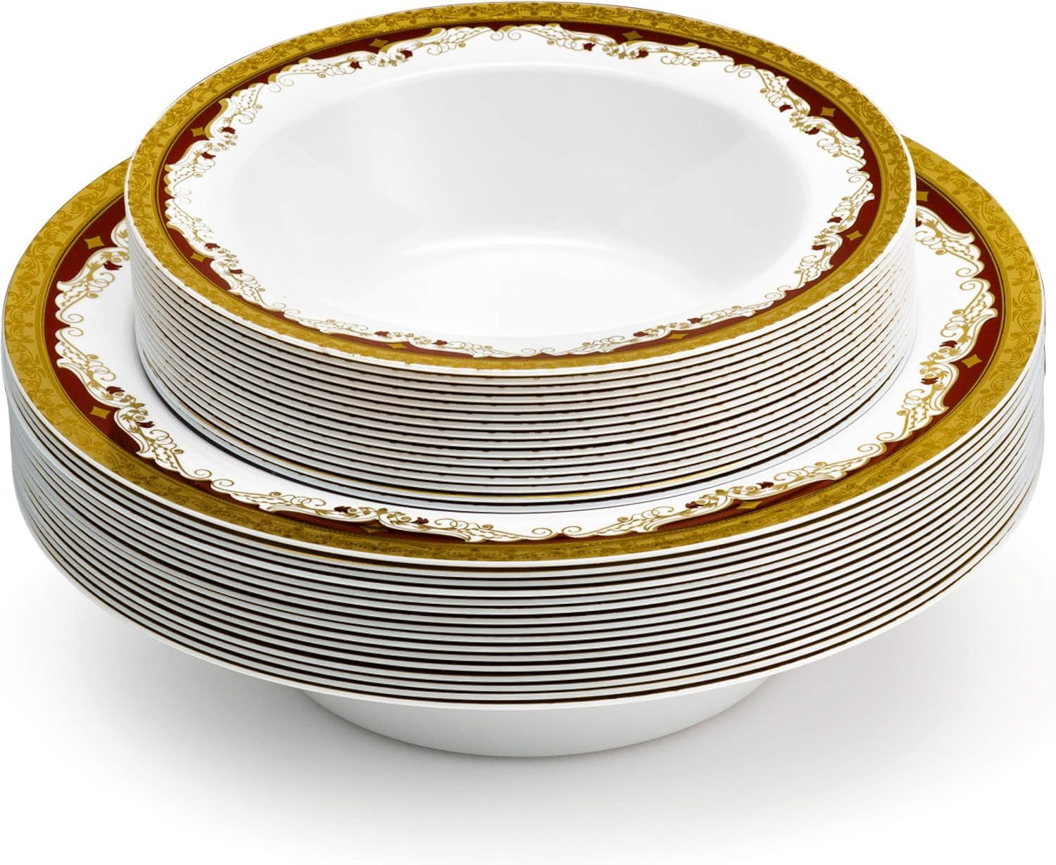 Laura Stein Designer Dinnerware Set | 32 Disposable Plastic Party Bowls | White Wedding Bowl with Burgundy Rim & Gold Accents | Set Includes 16 X 12 Oz Soup Bowls + 16 X 5 Oz Dessert Bowls | Vintage