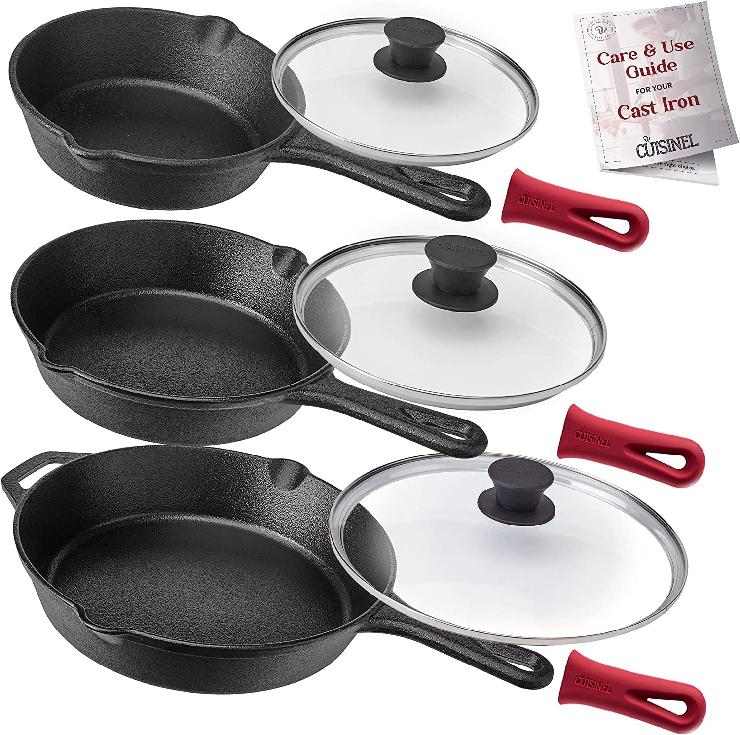Cuisinel Cast Iron Skillet Set - 10" + 12" Frying Pan + Glass Lids + 2 Handle Cover Grips - Pre-Seasoned Oven Cookware - Indoor/Outdoor Use - Grill, Stovetop, Induction, BBQ, Camping, Fire Use
