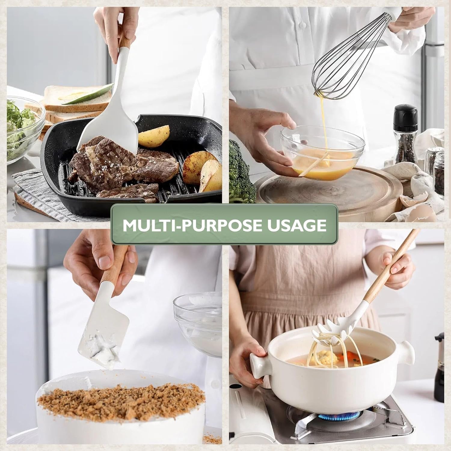 Five14 Silicone Kitchen Utensils Set, Heat-Resistant Silicone Utensils for Cooking, Silicone Cooking Utensils, White Utensils Set, Silicone Utensil Set, Silicone Whisk, Cooking Utensils Set