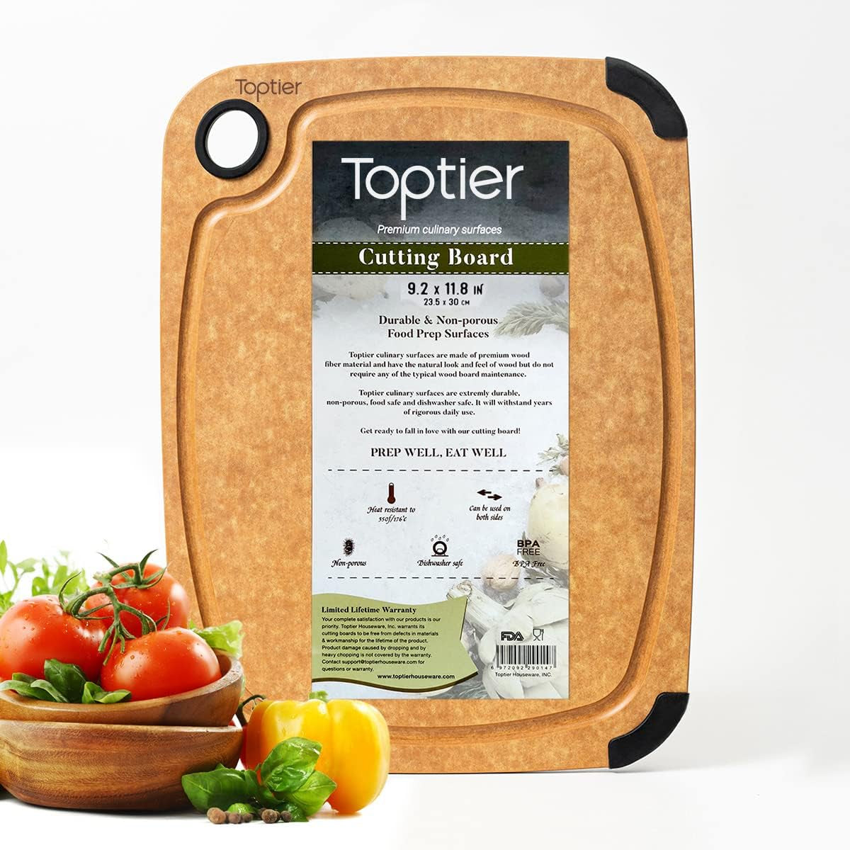 Cutting Board for Kitchen Dishwasher Safe, Toptier, Wood, Fiber , Eco-Friendly, Non-Slip, Juice Grooves, Non-Porous, BPA Free, Small, Silicone, 11.5 X 9.25-Inch, Natural Slate