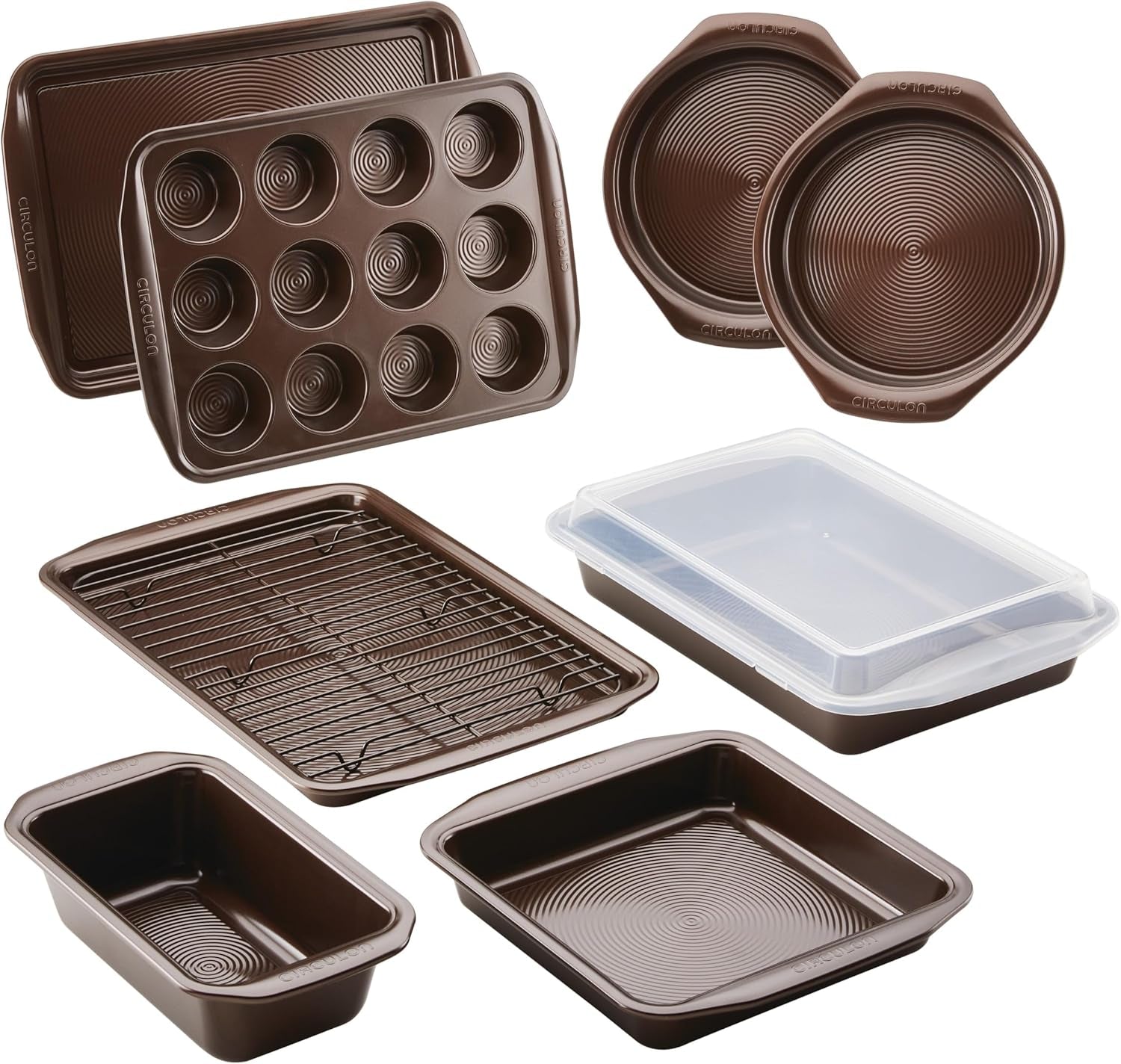 Circulon Nonstick Bakeware Set with Nonstick Cookie Sheet, Bread Pan, Bakings Pan and Cake Pans - 5 Piece, Chocolate Brown