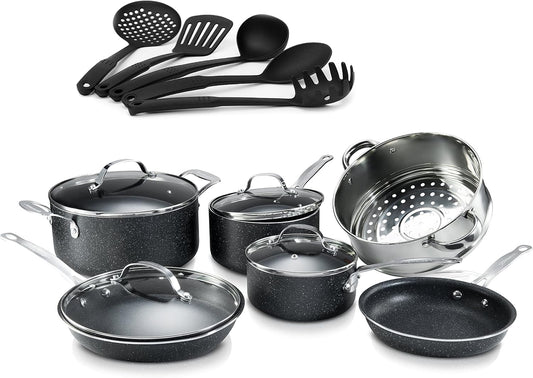 Granitestone 10-Piece Non-Stick Ultra Durable, Mineral & Granite Coated Scratch Proof Cookware Set + 5 Piece Utensil Set, Oven and Dishwasher Safe, PFOA Free Pots and Pans