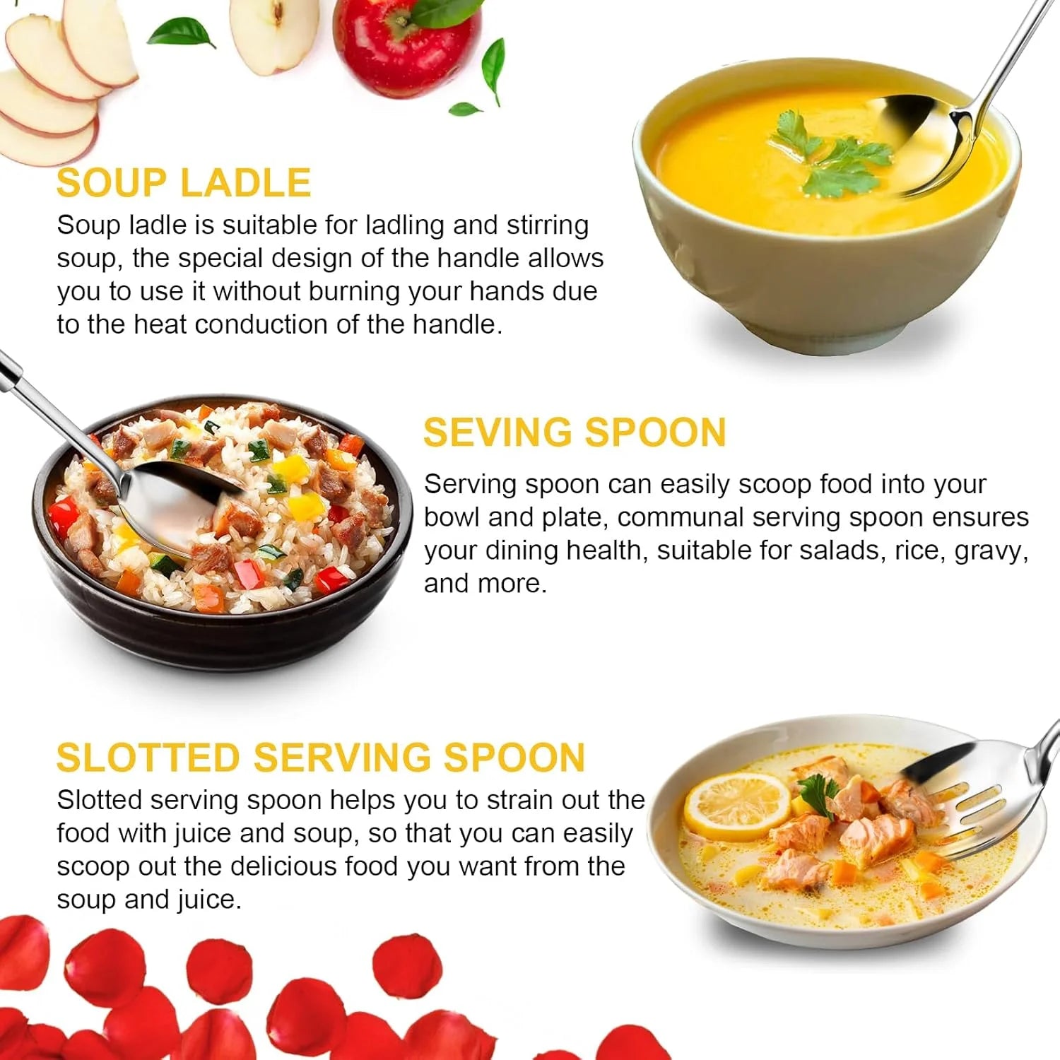 Mirdinner 3 Pcs Cooking Utensils Set, 304 Stainless Steel Kitchen Utensils, Serving Utensils Set Includes Serving Spoon, Slotted Spoon and Soup Ladle, Serving Spoons for Party, Dishwasher Safe