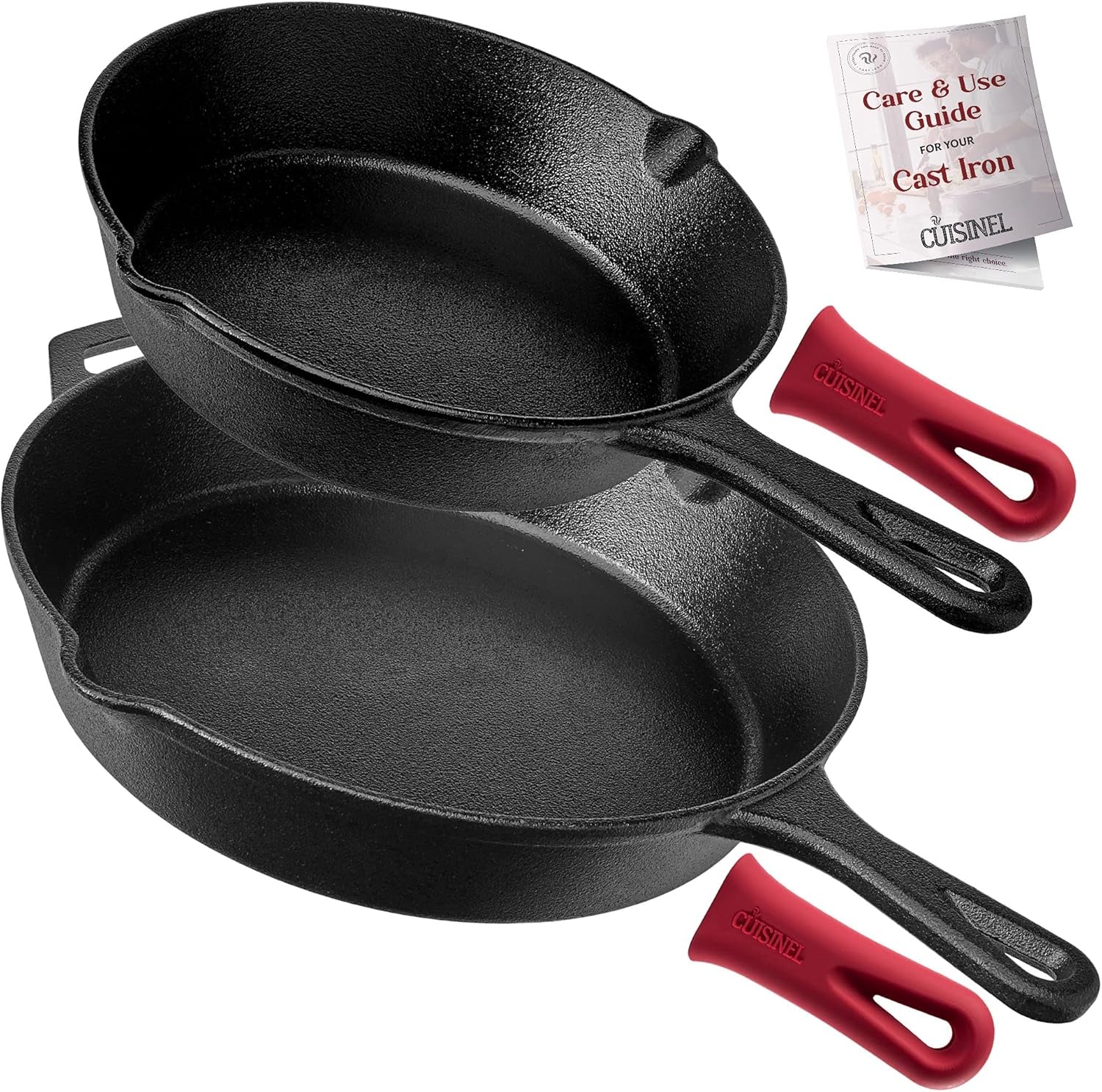 Cuisinel Cast Iron Skillet Set - 10" + 12" Frying Pan + Glass Lids + 2 Handle Cover Grips - Pre-Seasoned Oven Cookware - Indoor/Outdoor Use - Grill, Stovetop, Induction, BBQ, Camping, Fire Use