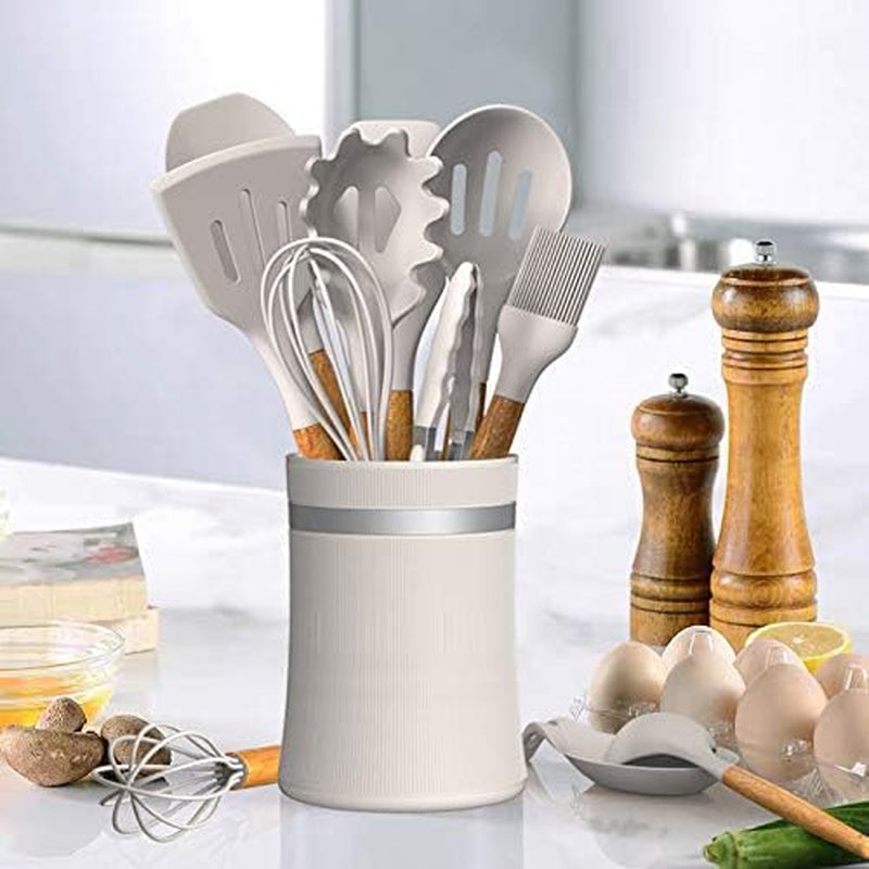 Silicone Cooking Utensils Kitchen Utensil Set, AIKKIL 32Pcs Non-Stick Kitchen Cooking Utensil Spatula Set with Holder, Heat Resistant Wooden Handle Khaki Kitchen Gadgets Tools Set