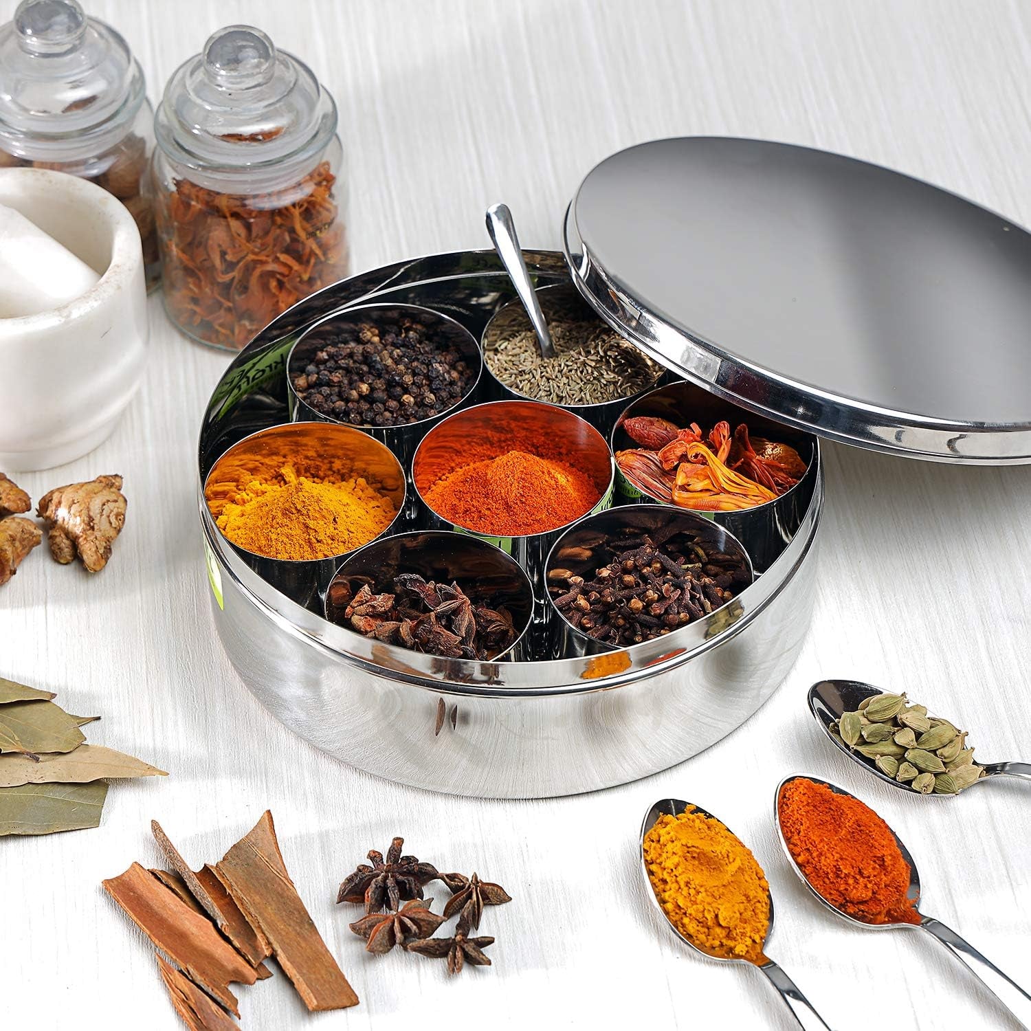 Vinod Stainless Steel Masala Dabba, Spice Box, 7 Compartments with Lid, 8 Inch Diameter