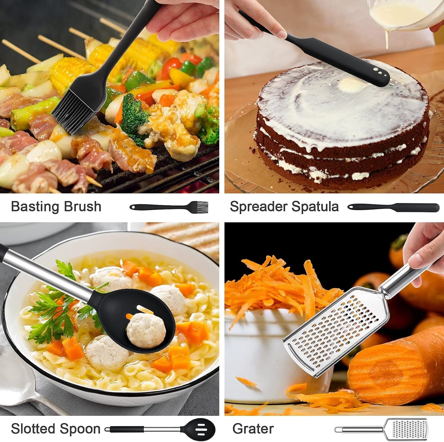 16 PCS Silicone Kitchen Cooking Utensils Set, Heat-Resistant Utensil Set with Premium Stainless Handles for Nonstick Cookware, Best Kitchen Gadgets Gifts-Bpa Free & Dishwasher Safe(Black)