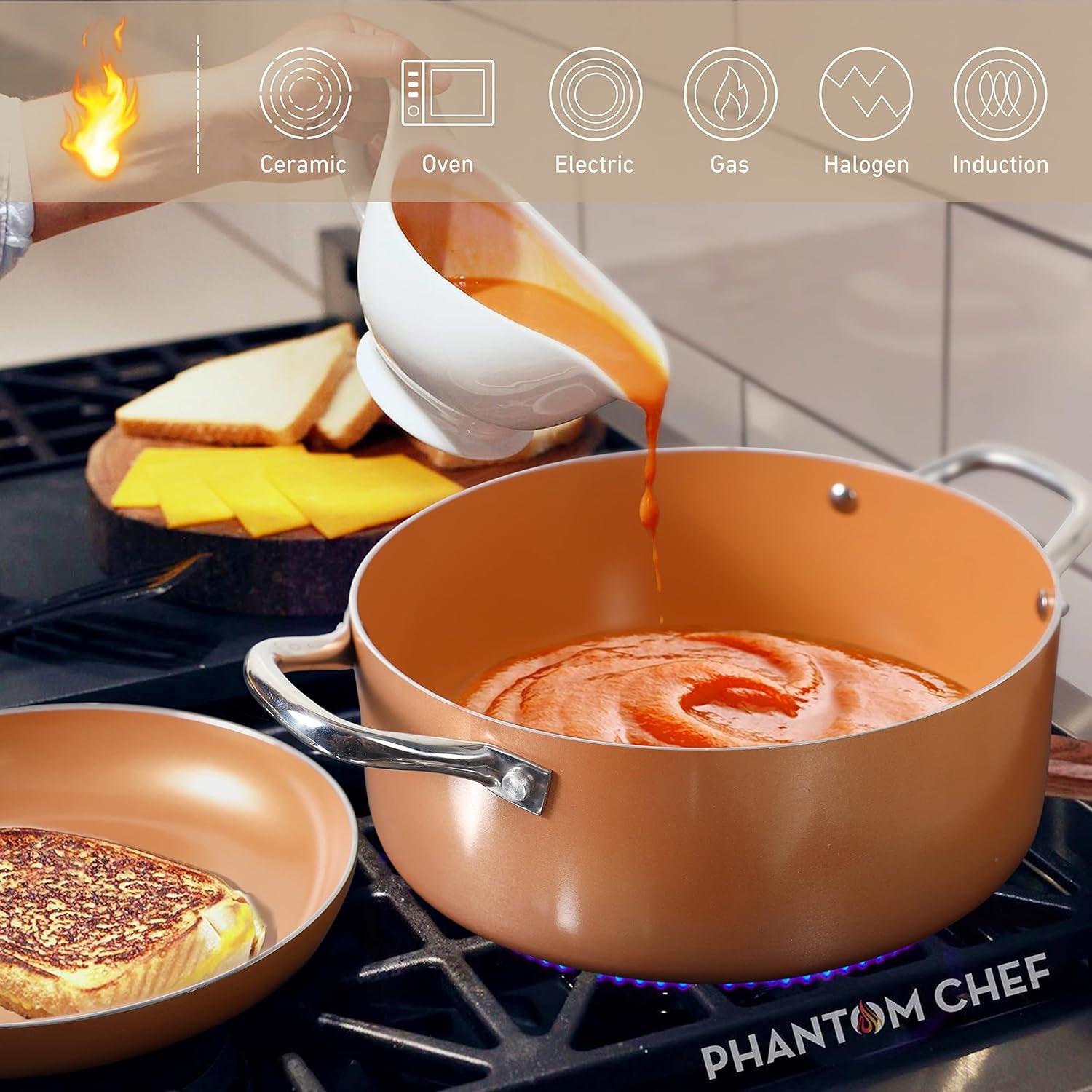 Pots and Pans Set, Nonstick Cookware Set with Stainless Steel Handles, Frying Pan Set, Grill Pan, Stock Pot, Sauce Pan with Lid, Gas, Induction Compatible, Oven Safe, Copper