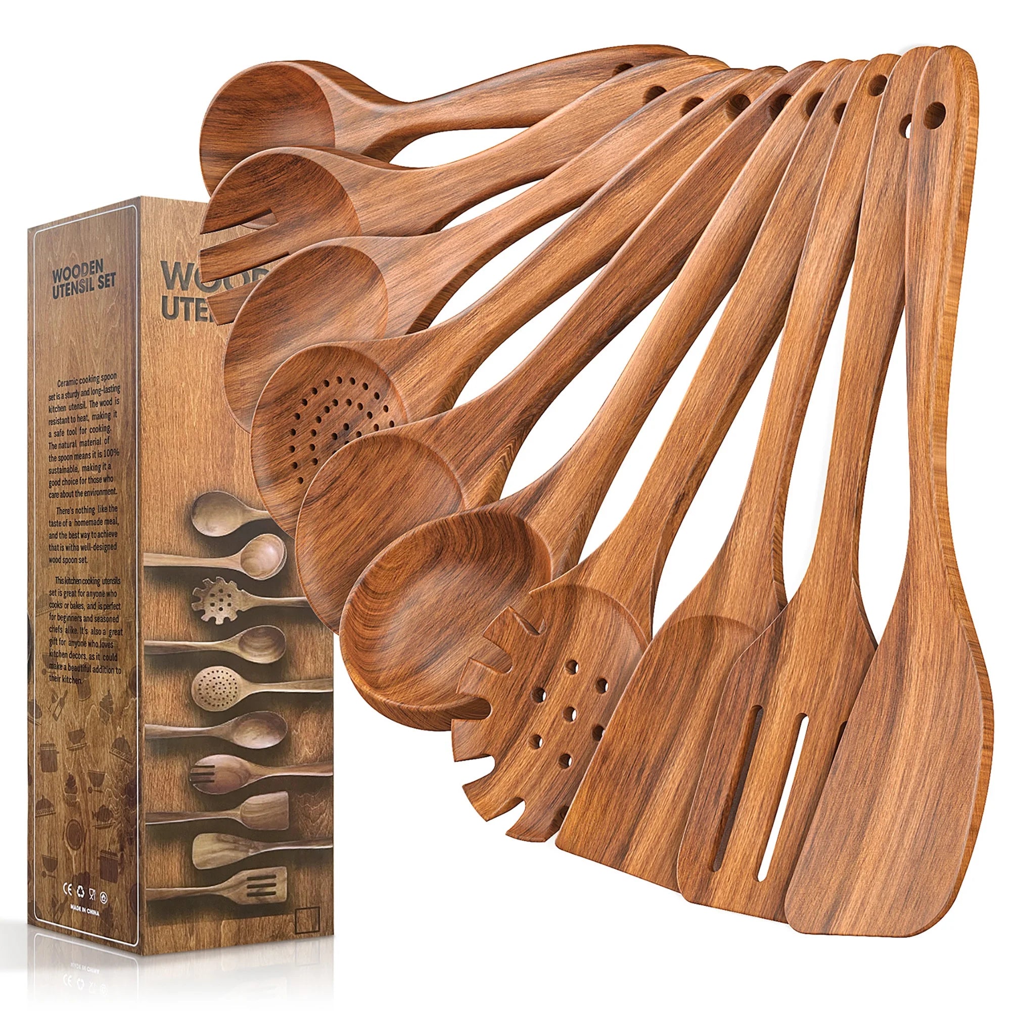 Wooden Spoons for Cooking, 10 PCS Teak Wood Cooking Utensil Set, Wooden Kitchen Utensils for Nonstick Pans & Cookware, Spoons and Spatula Set, Sturdy, Lightweight & Heat Resistant