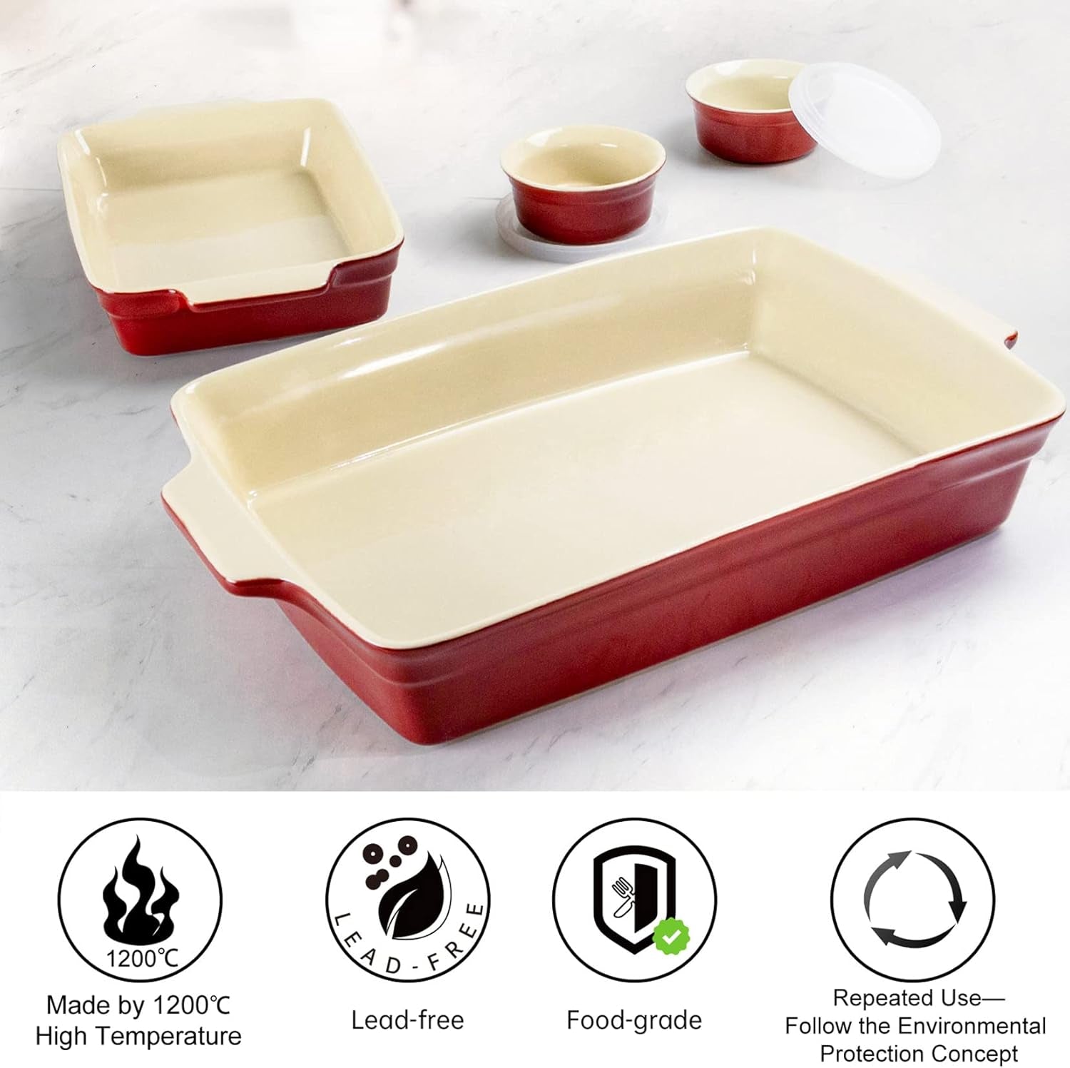 UNICASA Ceramic Casserole Bakeware Sets - Baking Dishes for Oven with Handles, Includes 9X13 Baking Pan Set, Ramekins - Rectangular Lasagna Pan for Cooking, Cake Dinner, Souffle, Pudding Cups (Red)