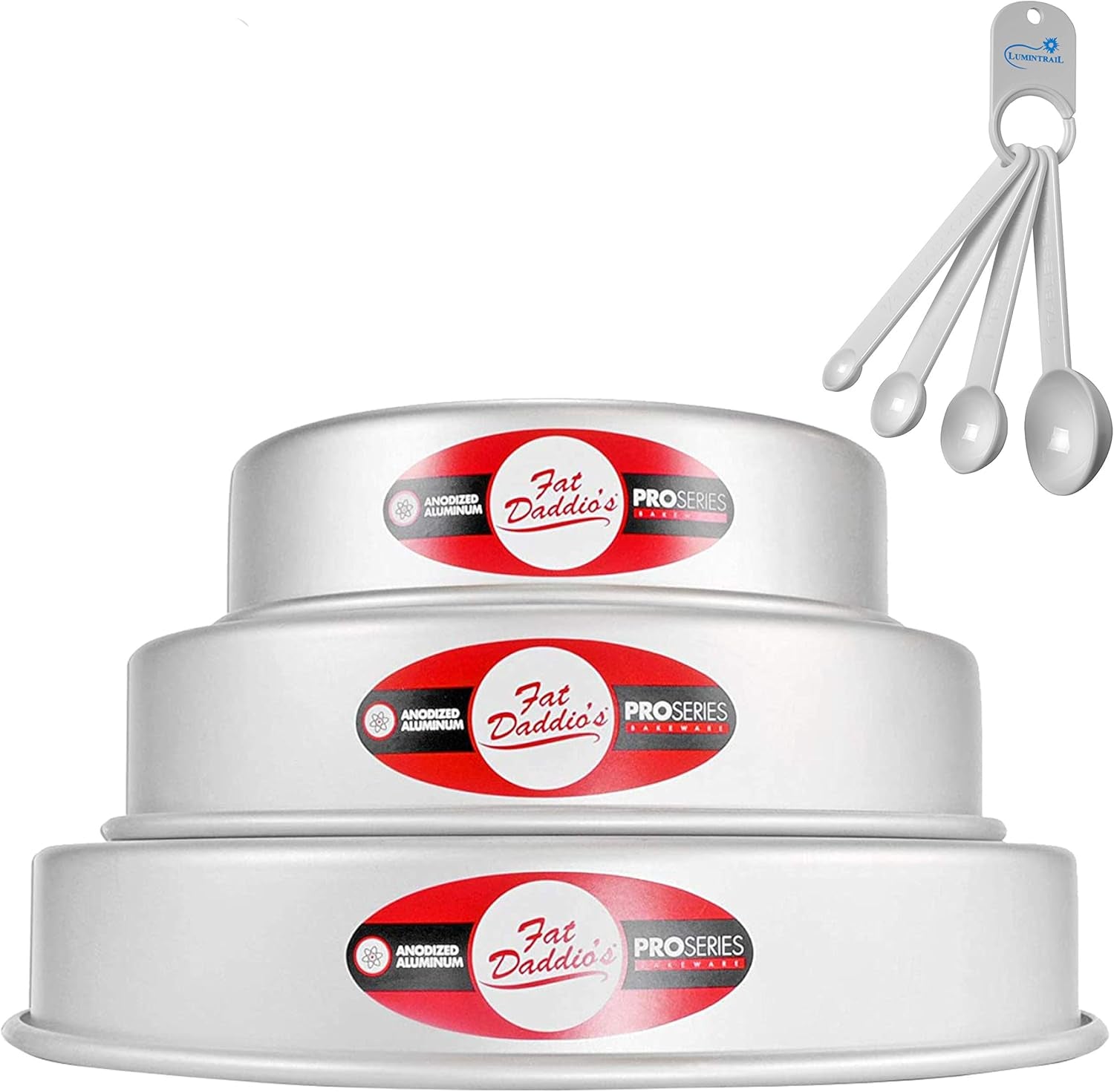 Lumintrail Fat Daddios Anodized Aluminum Tiered round Cake Pans Bundle with a Spoon Set (5", 7", 9" Diameter, 3" Deep)