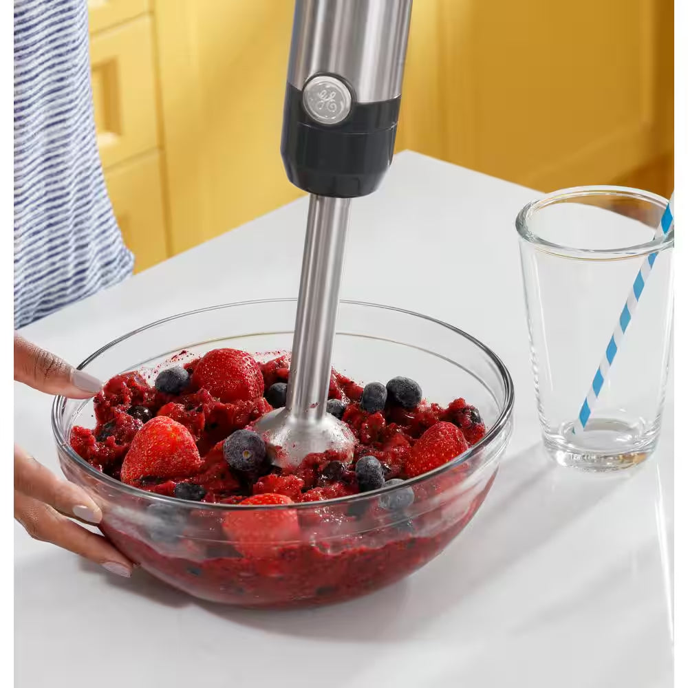 2-Speed Stainless Steel Immersion Hand Blender with Whisk, Blending, and Chopping Jar Attachments