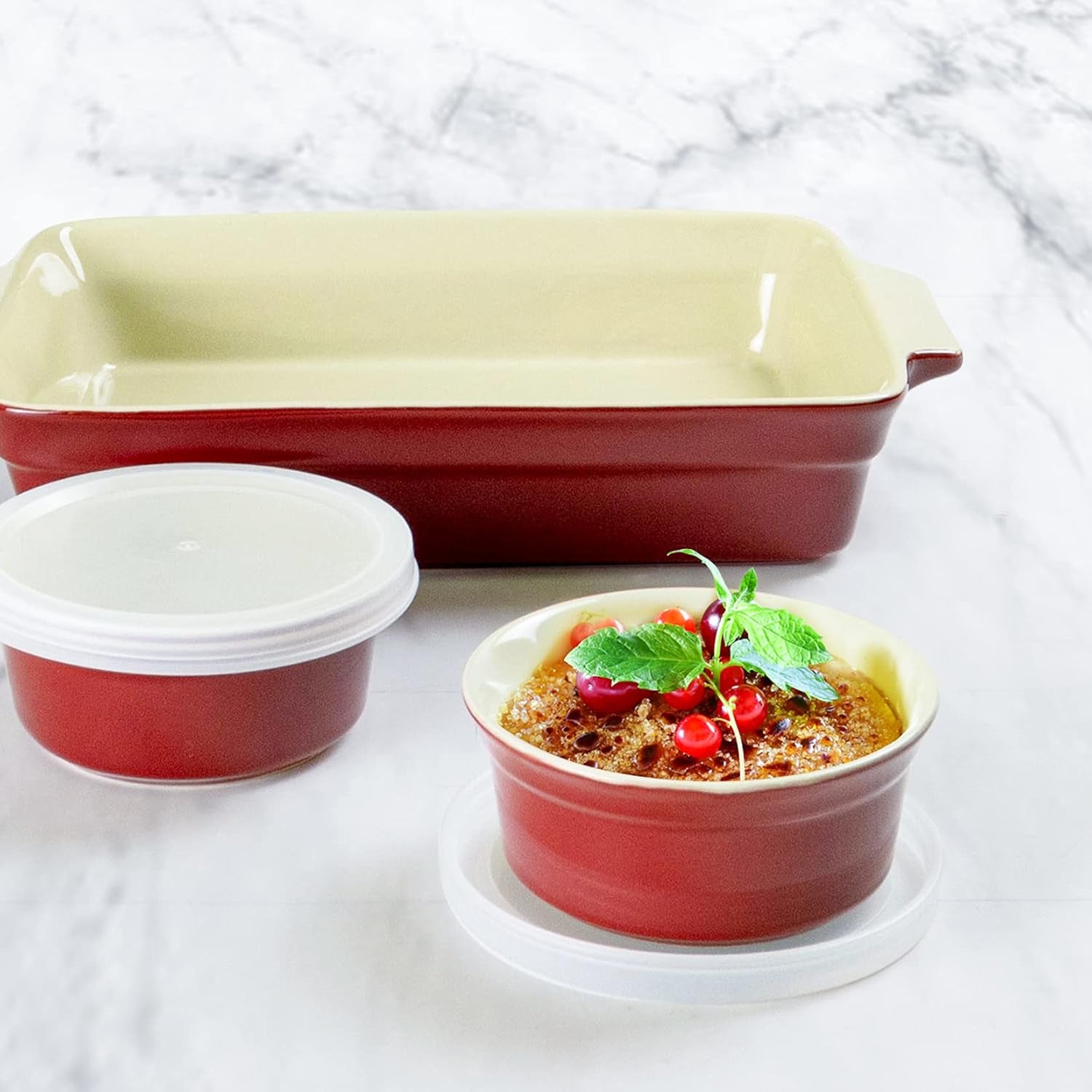 UNICASA Ceramic Casserole Bakeware Sets - Baking Dishes for Oven with Handles, Includes 9X13 Baking Pan Set, Ramekins - Rectangular Lasagna Pan for Cooking, Cake Dinner, Souffle, Pudding Cups (Red)