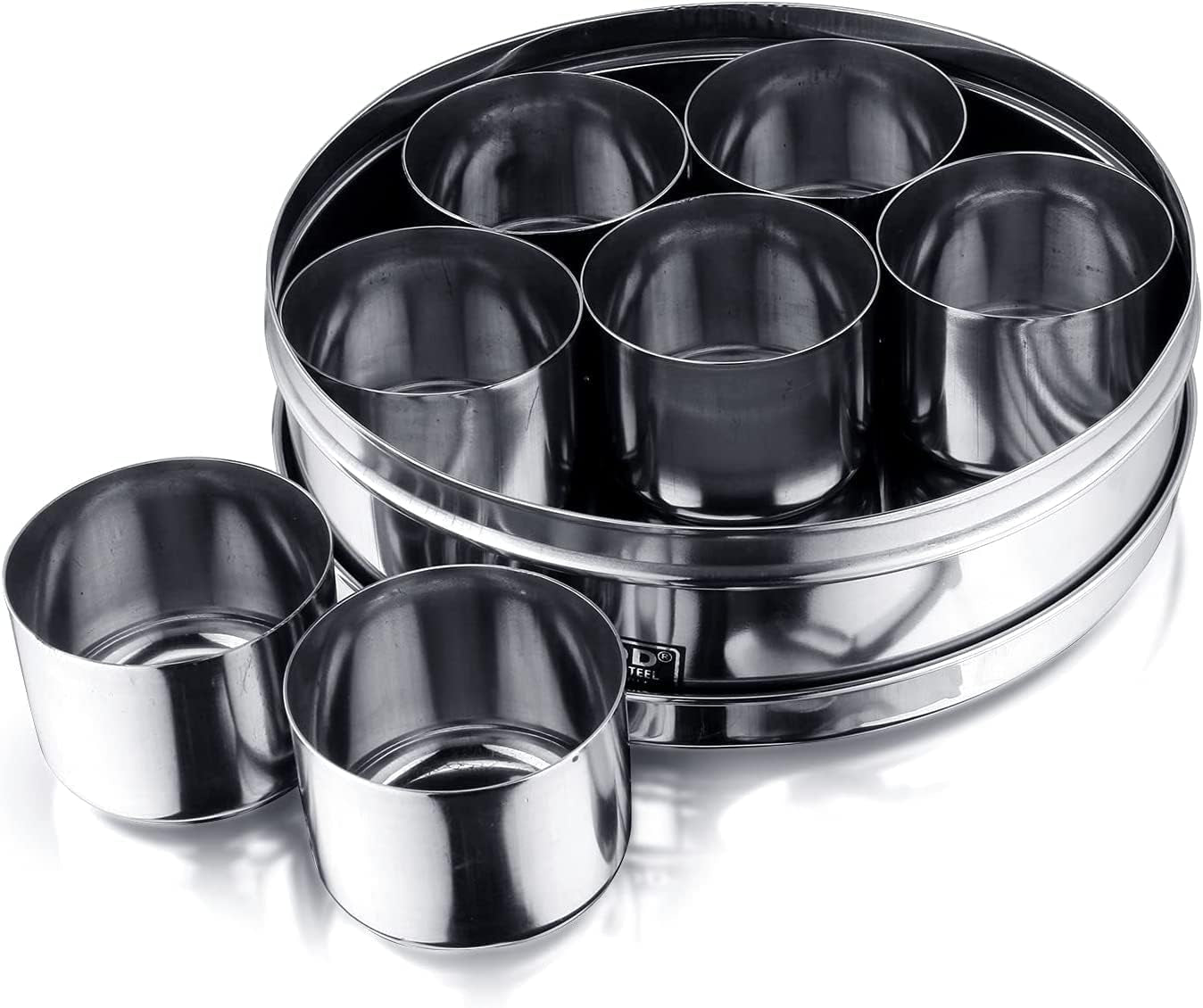 Vinod Stainless Steel Masala Dabba, Spice Box, 7 Compartments with Lid, 8 Inch Diameter