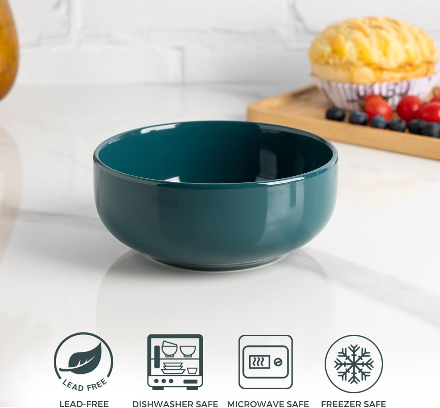 Amorarc Stoneware Cereal Bowls Set for Kitchen, 22Oz Ceramic Deep Soup Bowls Set of 6, Black Bowls Set for Breakfast, Lunch, Dinner. Microwave&Dishwasher Safe, Green