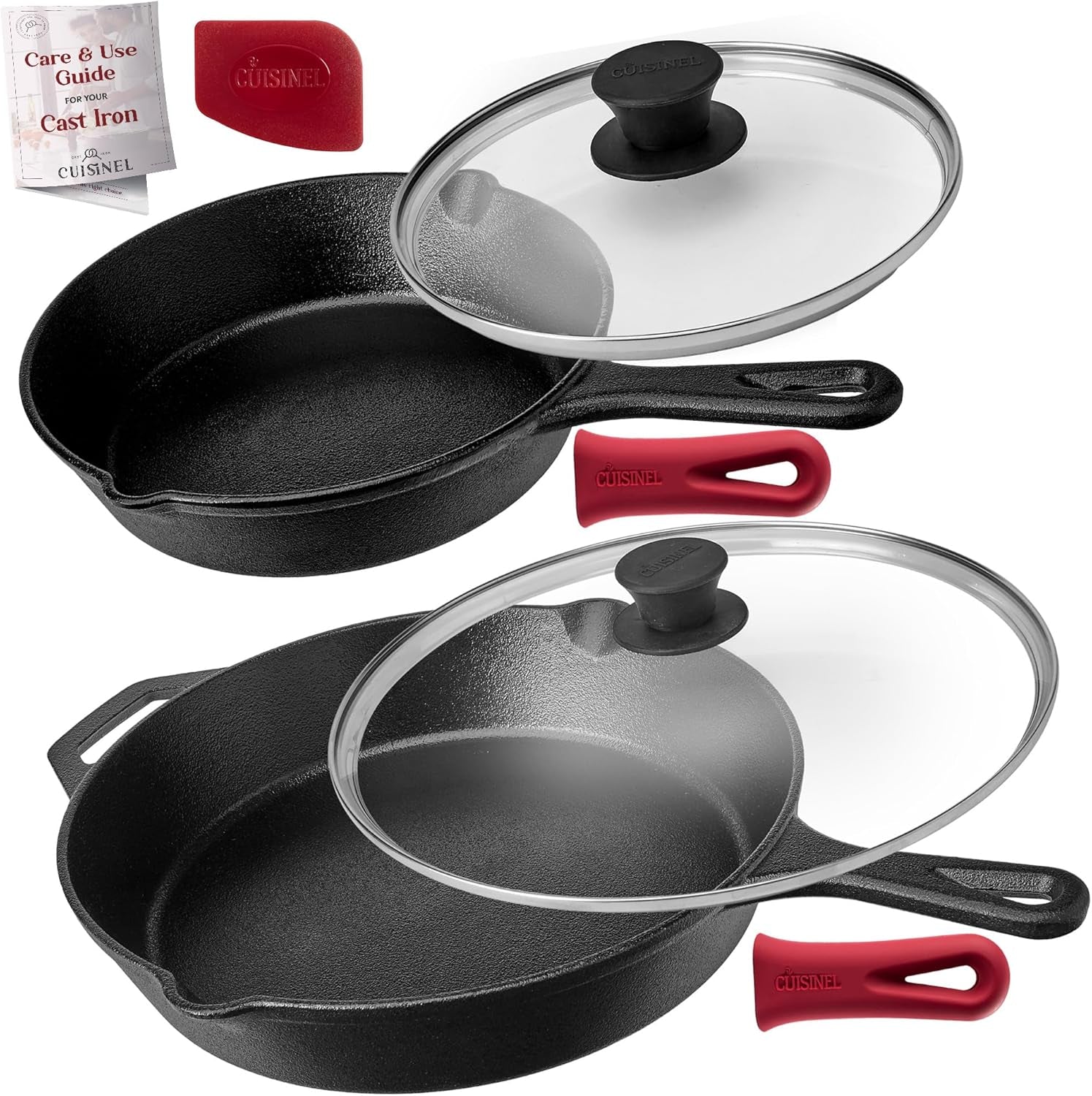 Cuisinel Cast Iron Skillet Set - 10" + 12" Frying Pan + Glass Lids + 2 Handle Cover Grips - Pre-Seasoned Oven Cookware - Indoor/Outdoor Use - Grill, Stovetop, Induction, BBQ, Camping, Fire Use