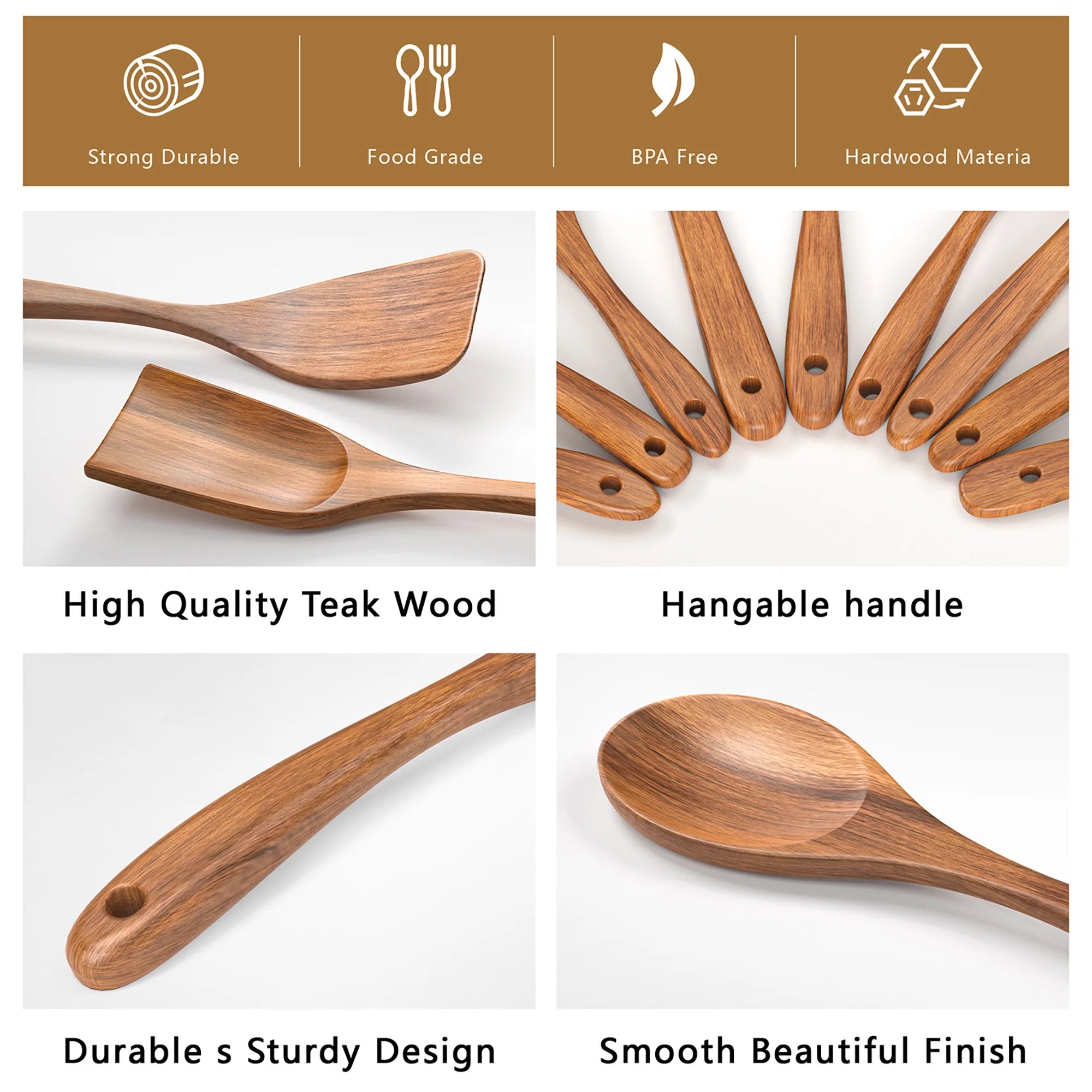 Wooden Spoons for Cooking, 10 PCS Teak Wood Cooking Utensil Set, Wooden Kitchen Utensils for Nonstick Pans & Cookware, Spoons and Spatula Set, Sturdy, Lightweight & Heat Resistant
