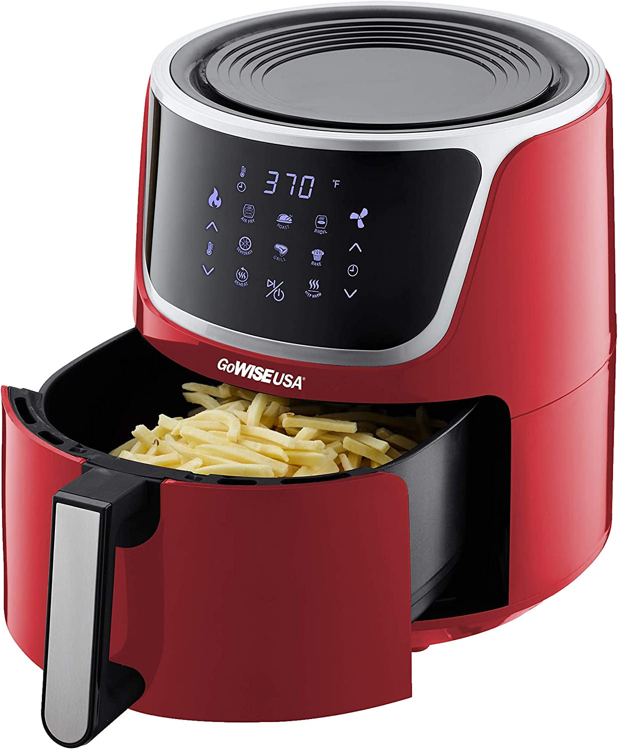 Gowise USA GW22957 7-Quart Electric Air Fryer with Dehydrator & 3 Stackable Racks, Digital Touchscreen with 8 Functions + Recipes, 7.0-Qt, Red/Silver