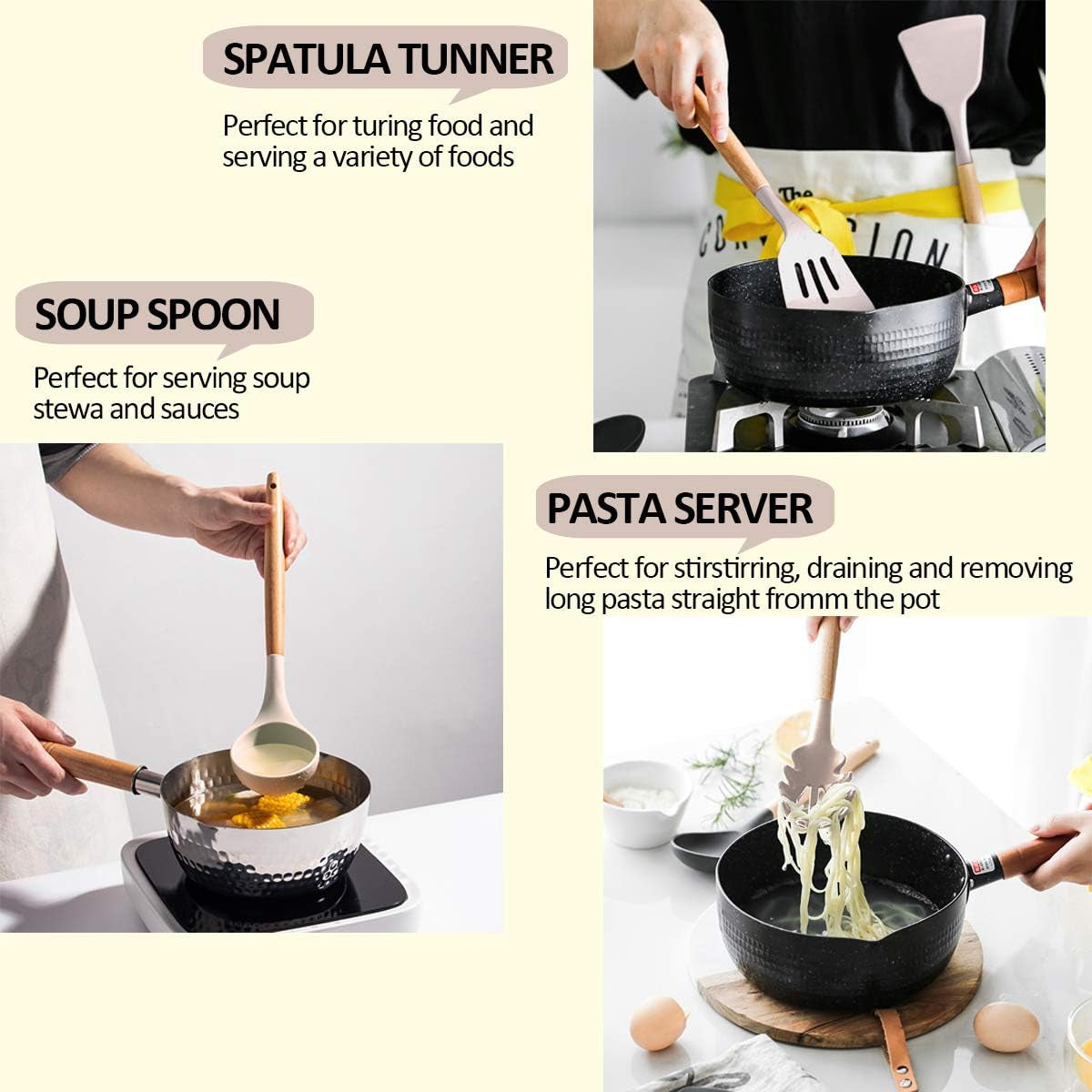 Silicone Cooking Utensils Kitchen Utensil Set, AIKKIL 32Pcs Non-Stick Kitchen Cooking Utensil Spatula Set with Holder, Heat Resistant Wooden Handle Khaki Kitchen Gadgets Tools Set