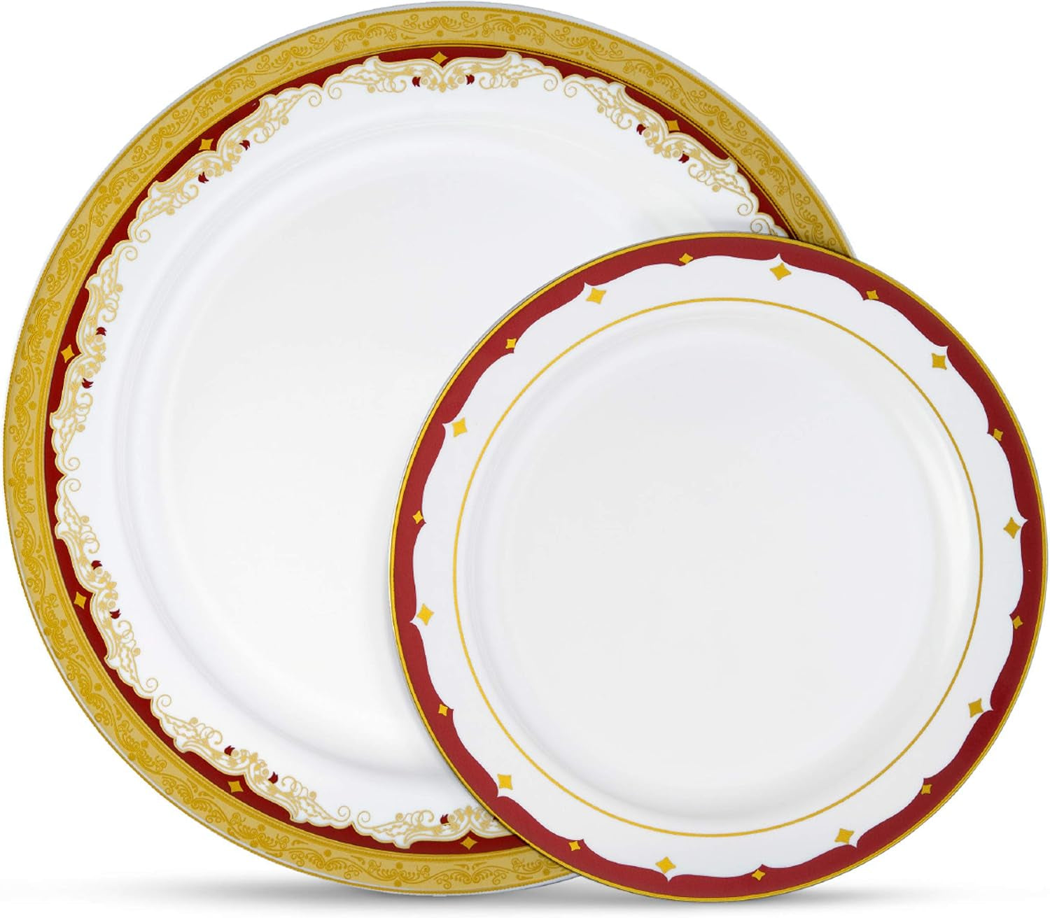 Laura Stein Designer Dinnerware Set | 32 Disposable Plastic Party Bowls | White Wedding Bowl with Burgundy Rim & Gold Accents | Set Includes 16 X 12 Oz Soup Bowls + 16 X 5 Oz Dessert Bowls | Vintage