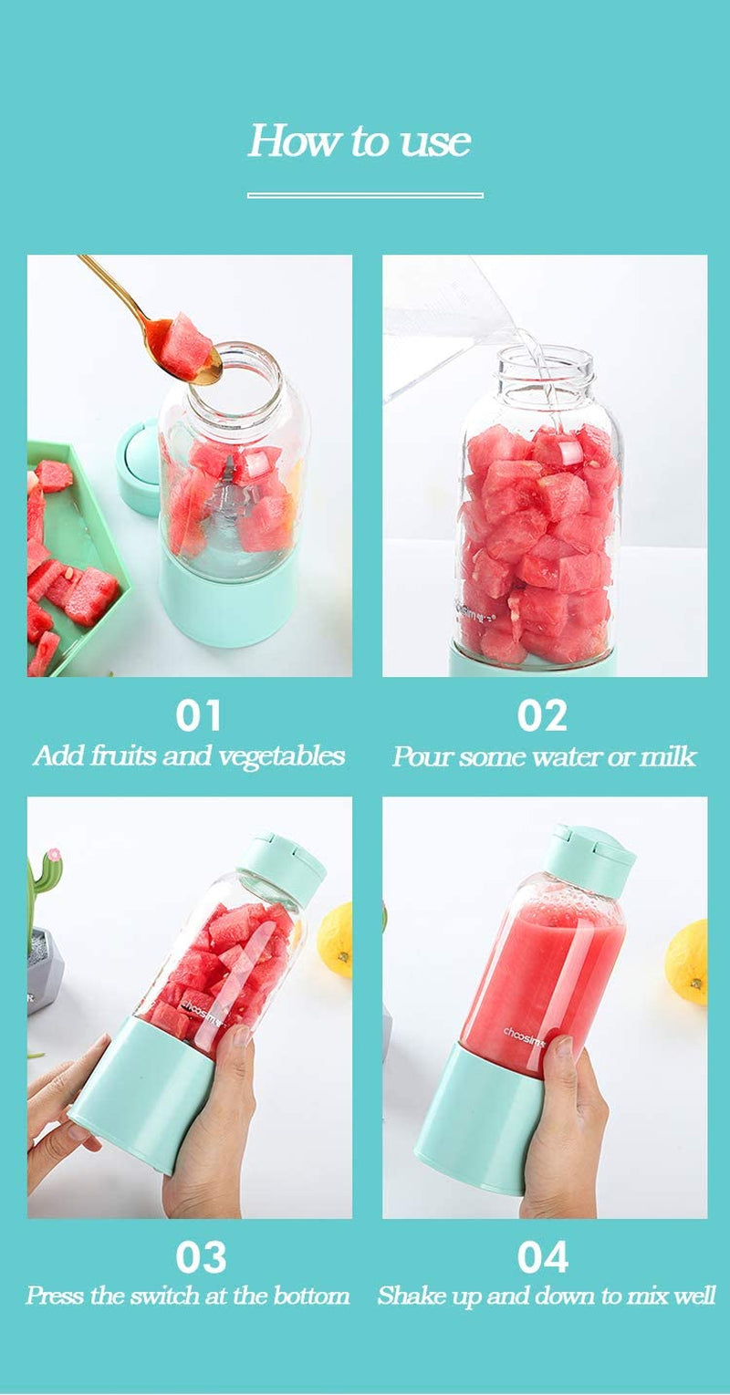 Portable Blender 6 Blades Travel Wireless Juicer Cup Mini Personal Size Blenders Food Grade Borosilicate Glass USB Rechargeable Fruit Blender for Shakes and Smoothies Mixer with Handle 450Ml(15.2Oz)