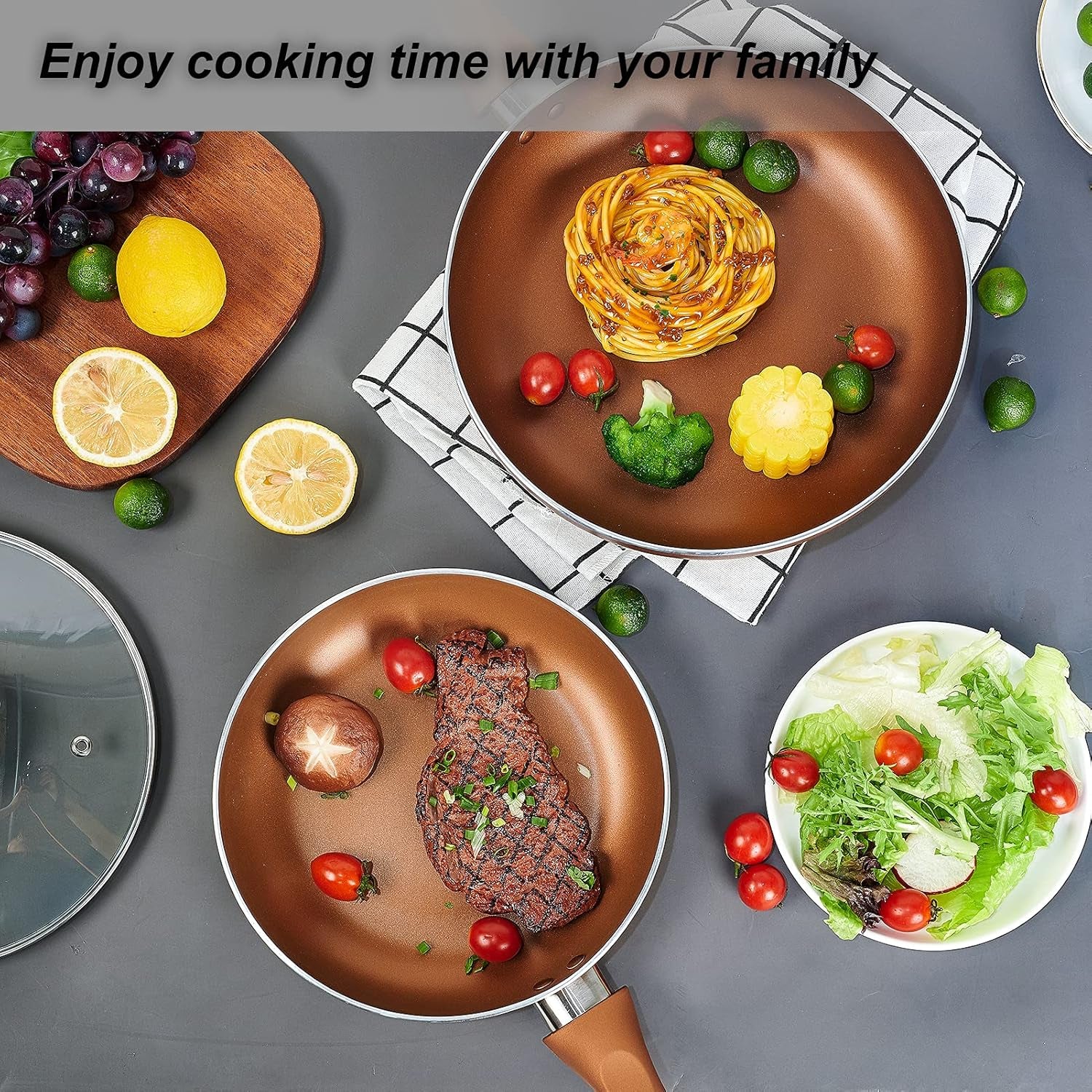 11Pcs Cookware Set Ceramic Nonstick Soup Pot/Milk Pot/Frying Pans Set -Copper